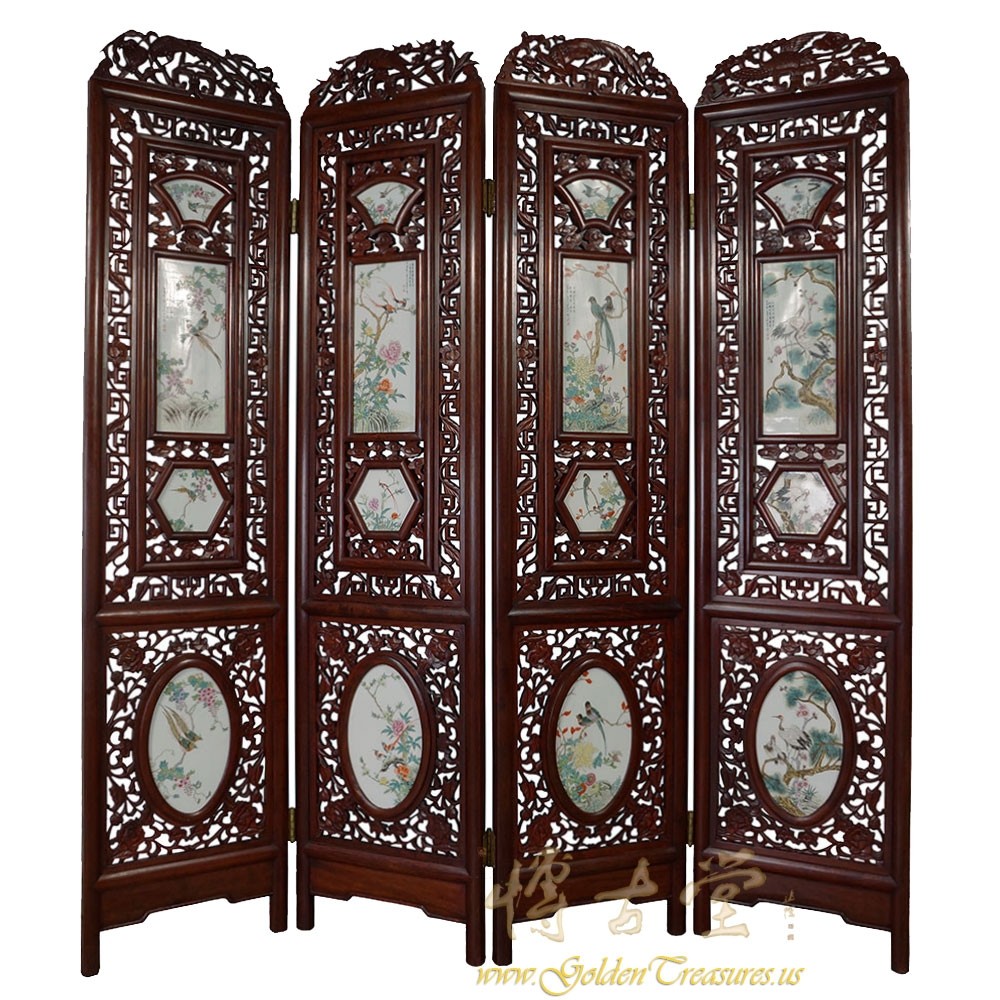 Antique Chinese Rosewood Screen/Room Divider with Painted porcelain panels
