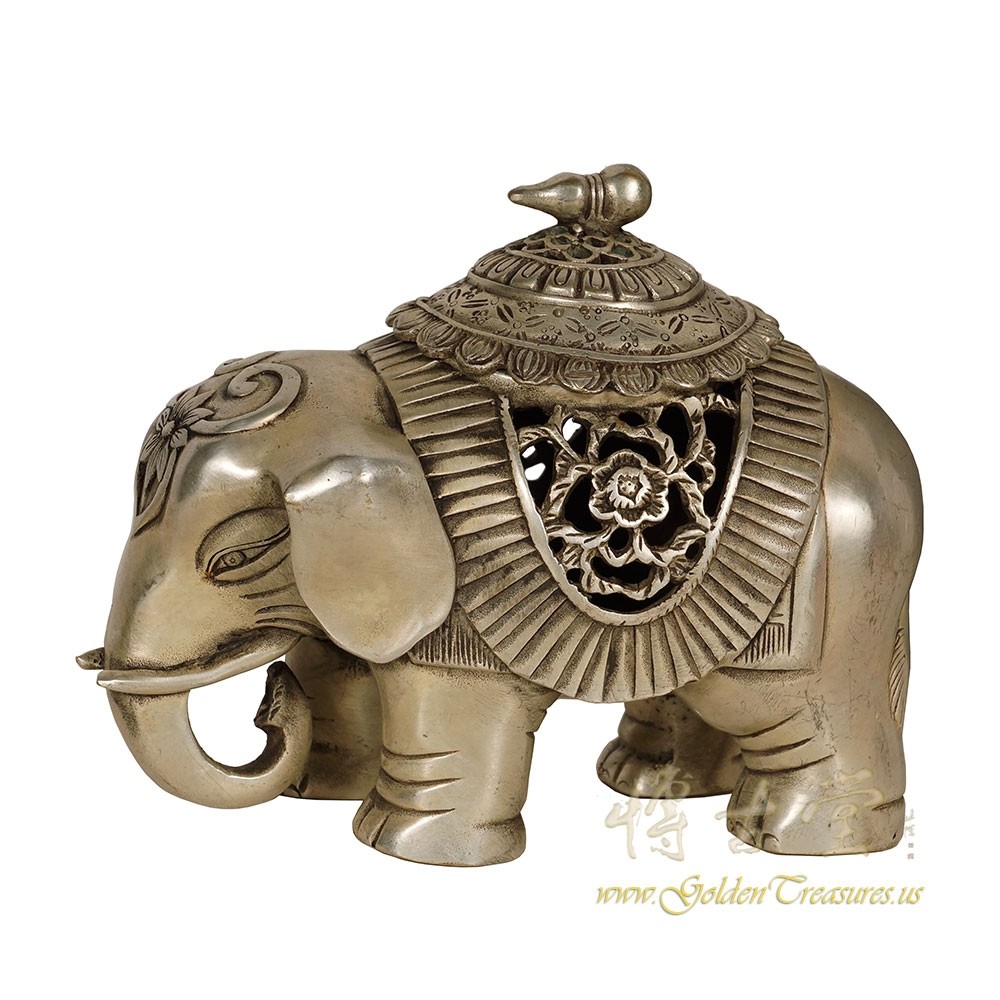 Antique Tibetan Handcraft White Bronze Elephant Incense Burner