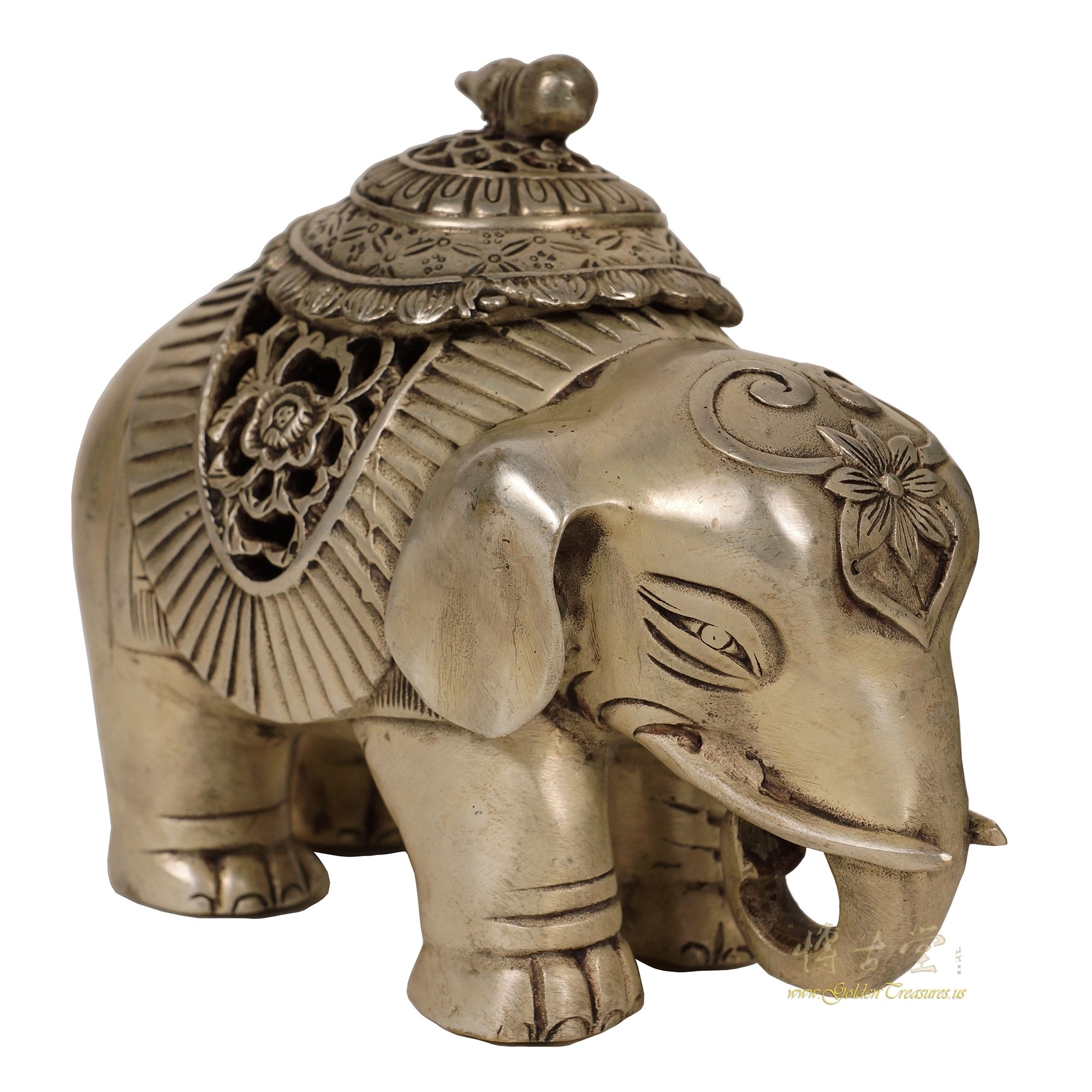 Antique Tibetan Handcraft White Bronze Elephant Incense Burner