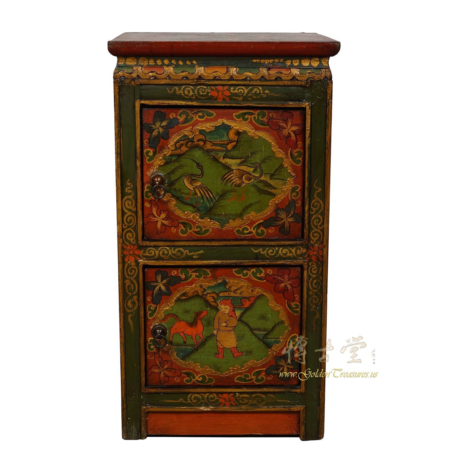 Antique Tibetan Painted Nightstand, End Table