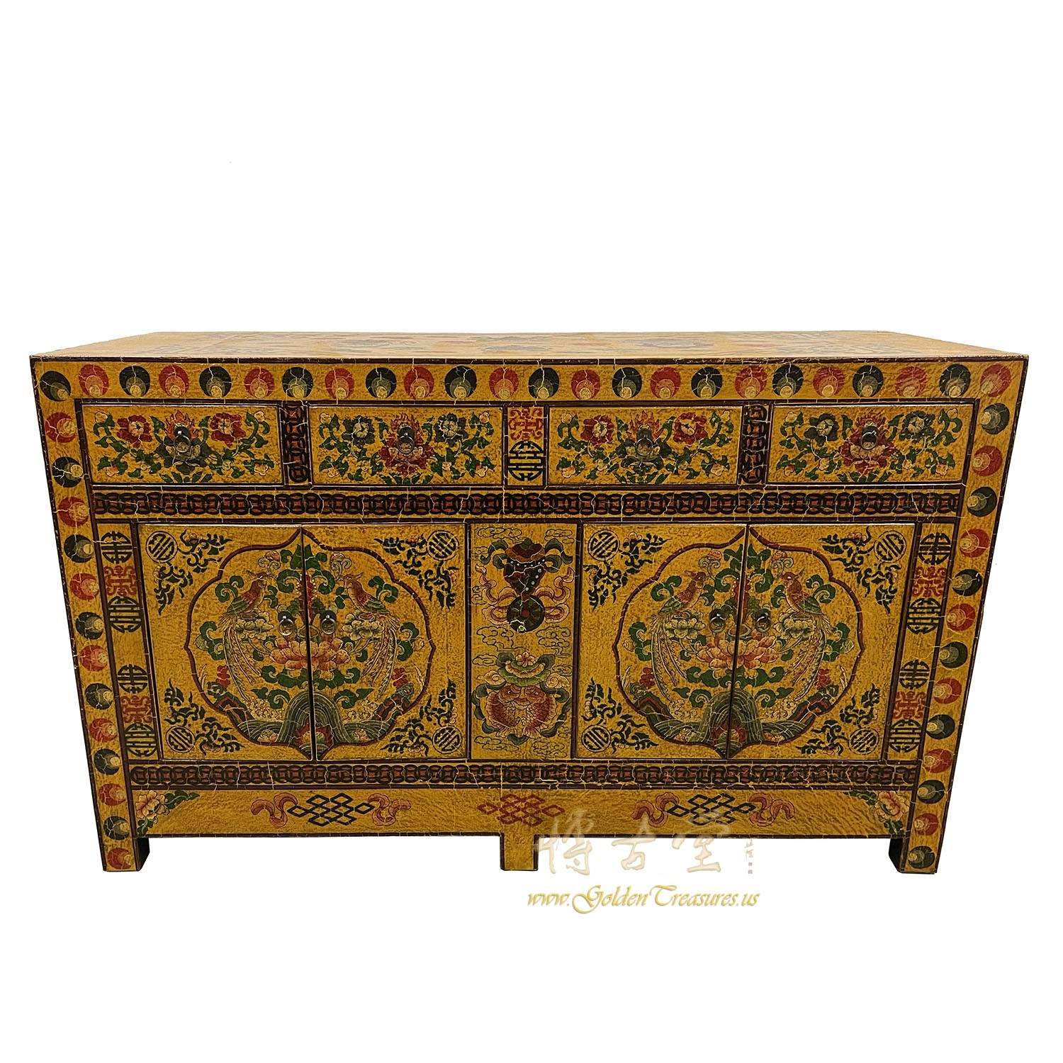 Vintage Tibetan Painted Cabinet, Buffet Table, Sideboard