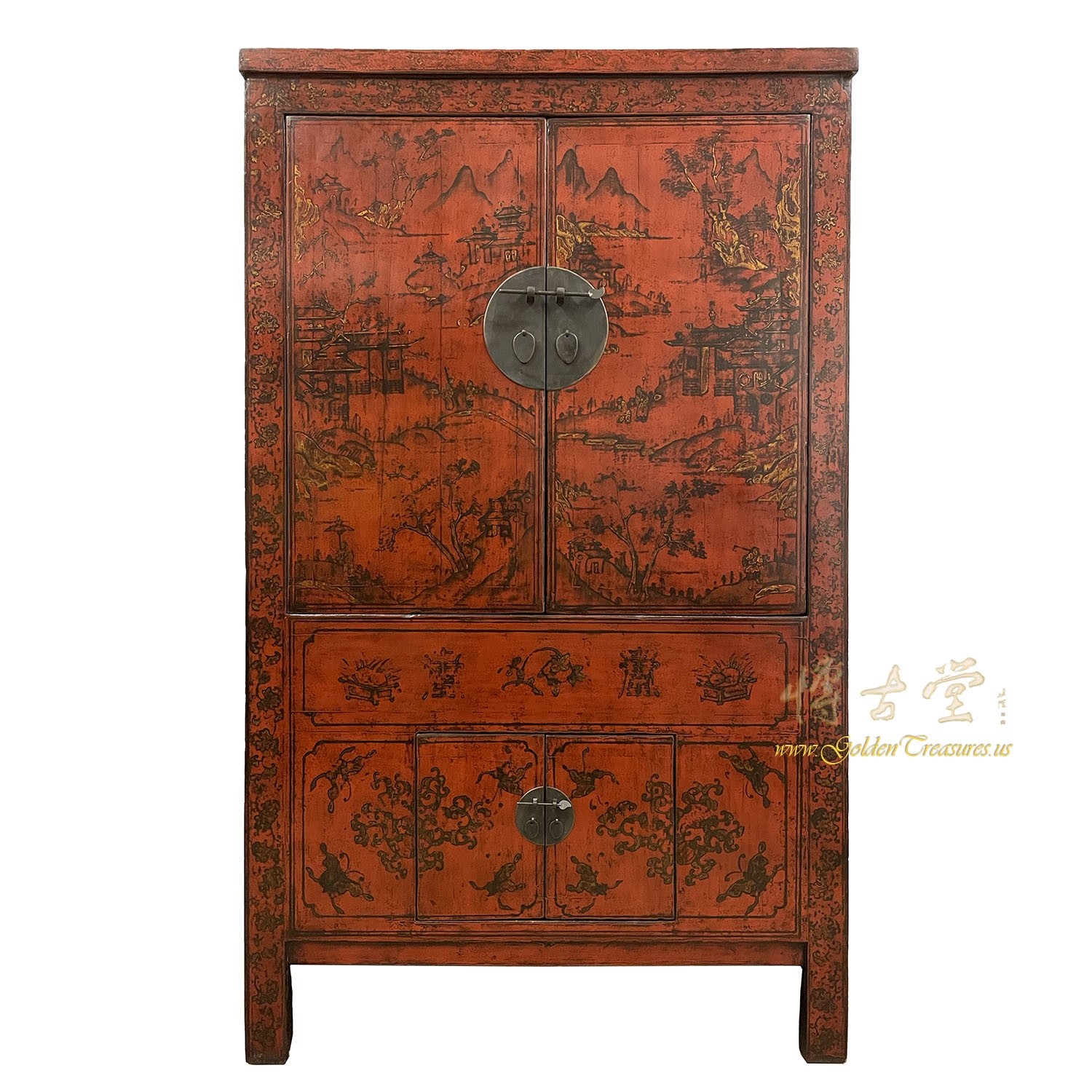 Antique Chinese Red Lacquered with Gilt Armoire, Wardrobe