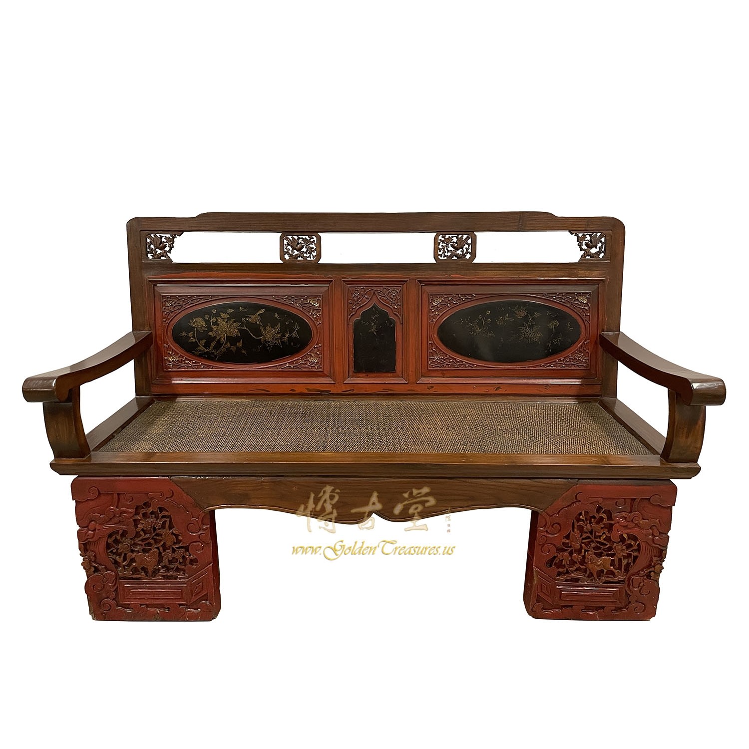 Antique Chinese Carved Wedding Bench, Love Seat