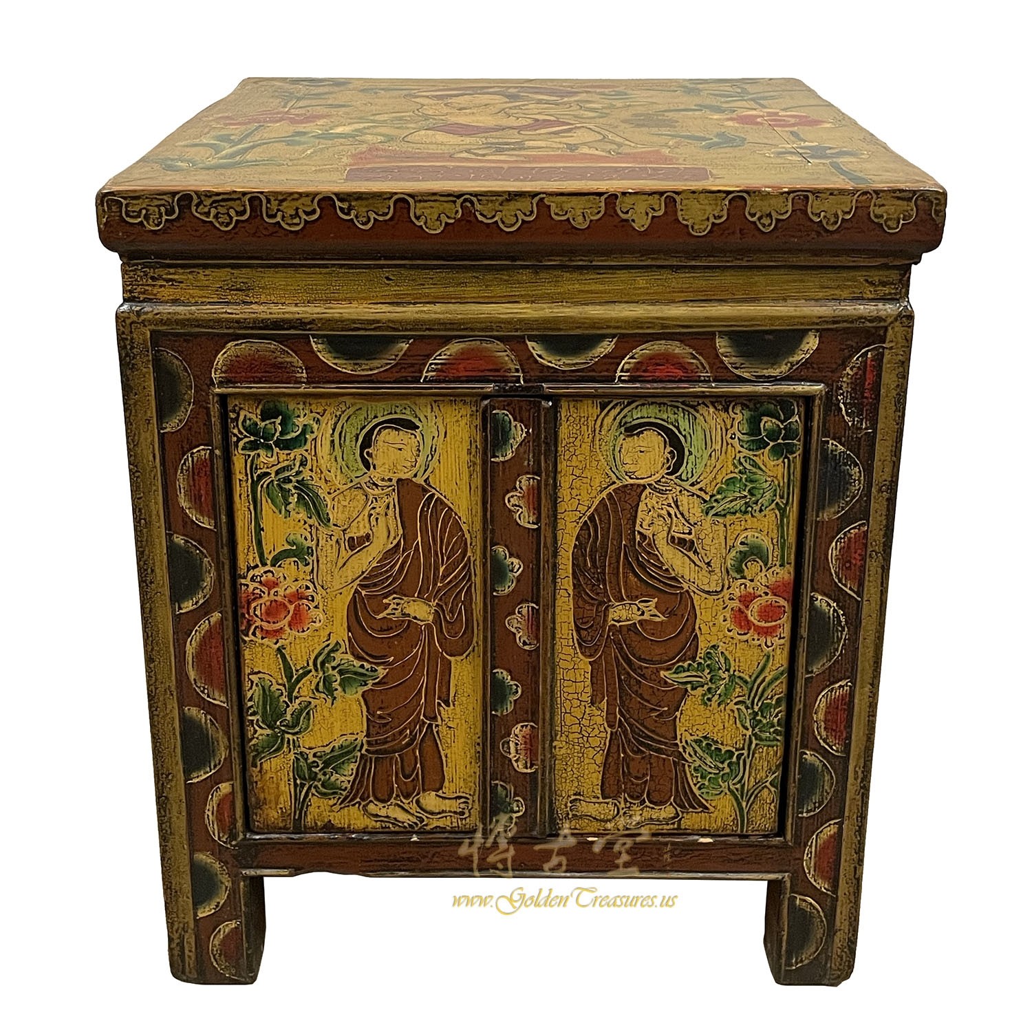 Antique Tibetan Painted Nightstand, End Table