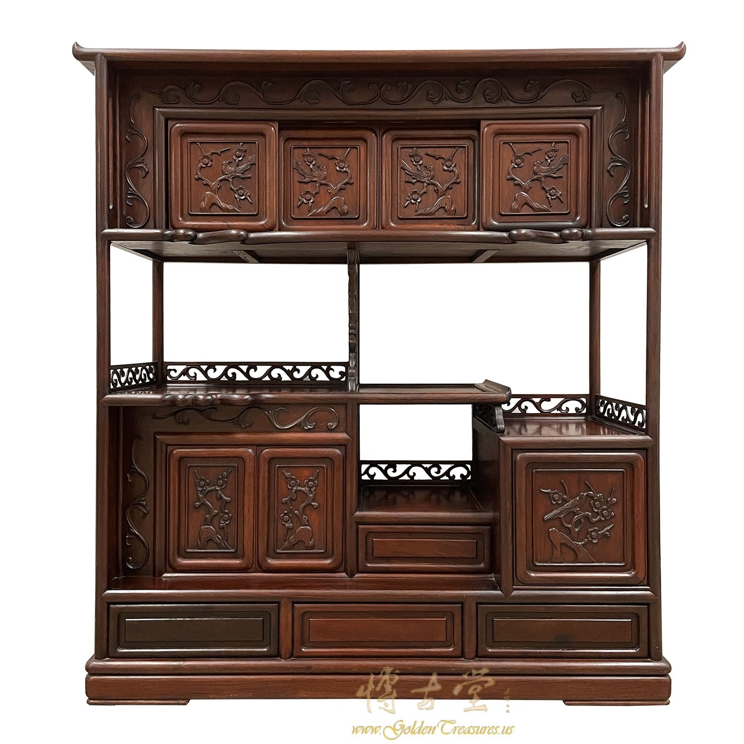 Antique Chinese Intricated Carved Rosewood Curio Cabinet, Display