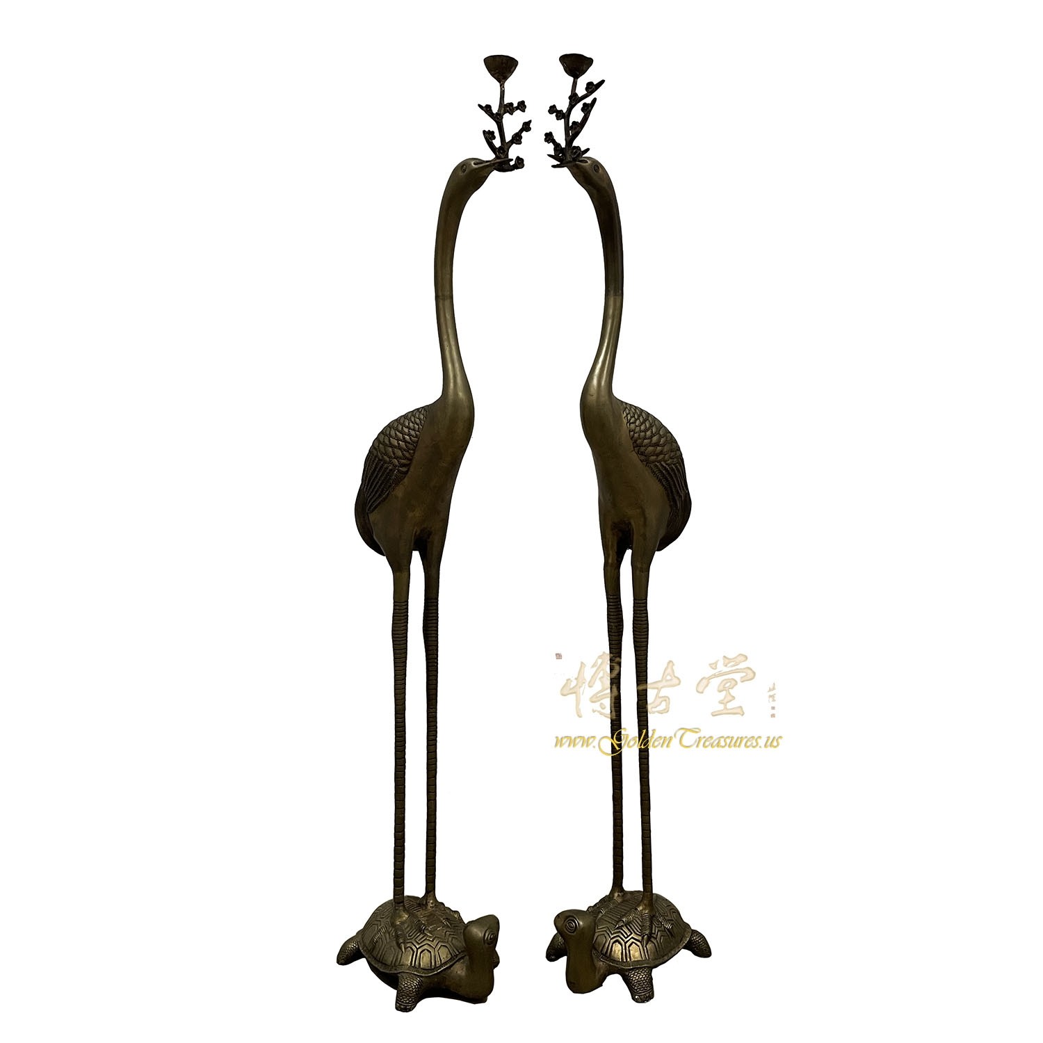 Antique Chinese Carved Bronze Crane Candle Holder - a Pair