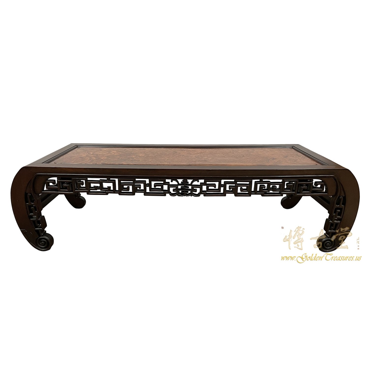 Antique Chinese Rosewood Carved Coffee Table with Burl Wood Top