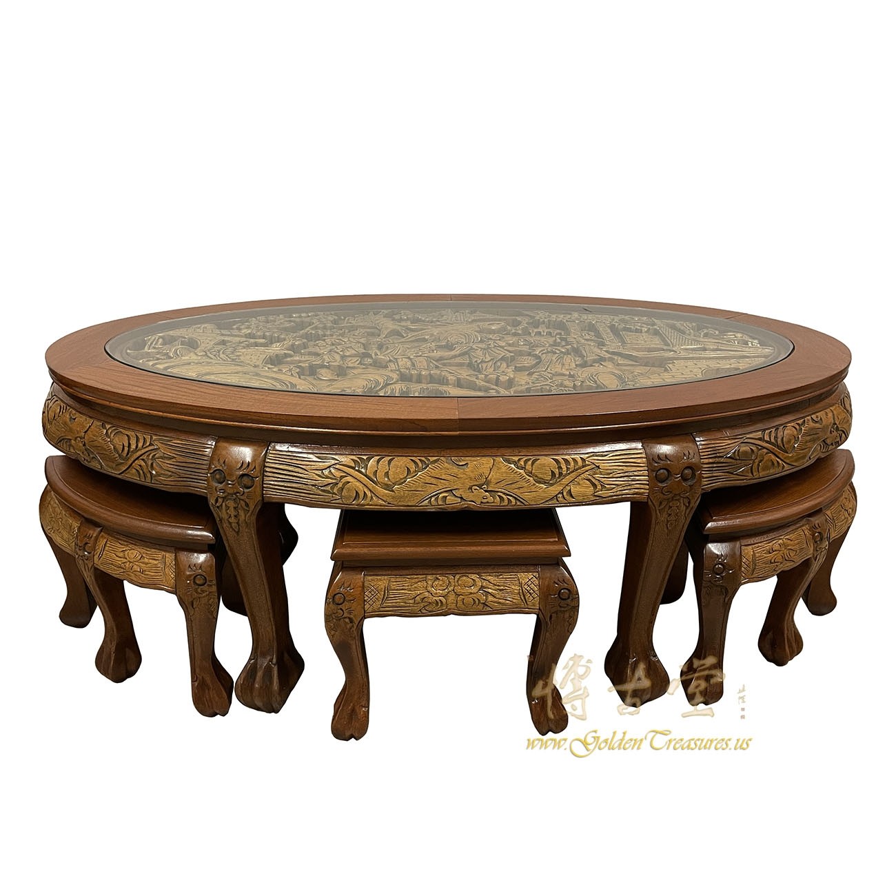 Oriental hand carved oval coffee table with 6 stools shop