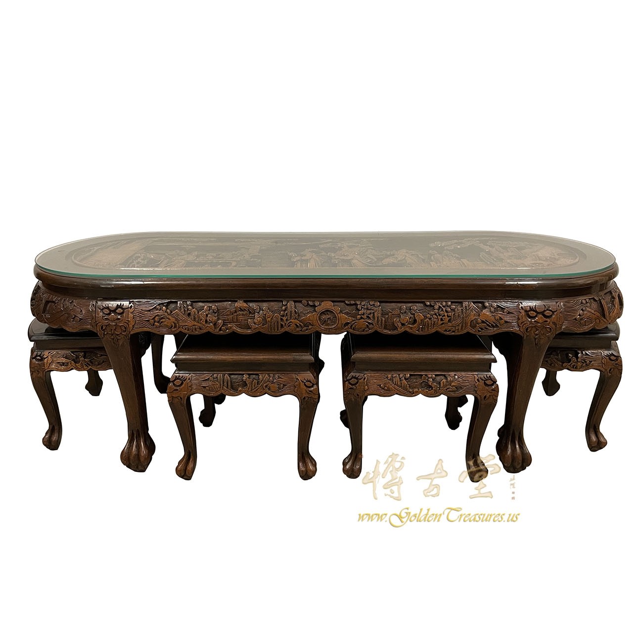 Vintage Chinese Massive Carved Coffee Table with 6 Nesting Stools