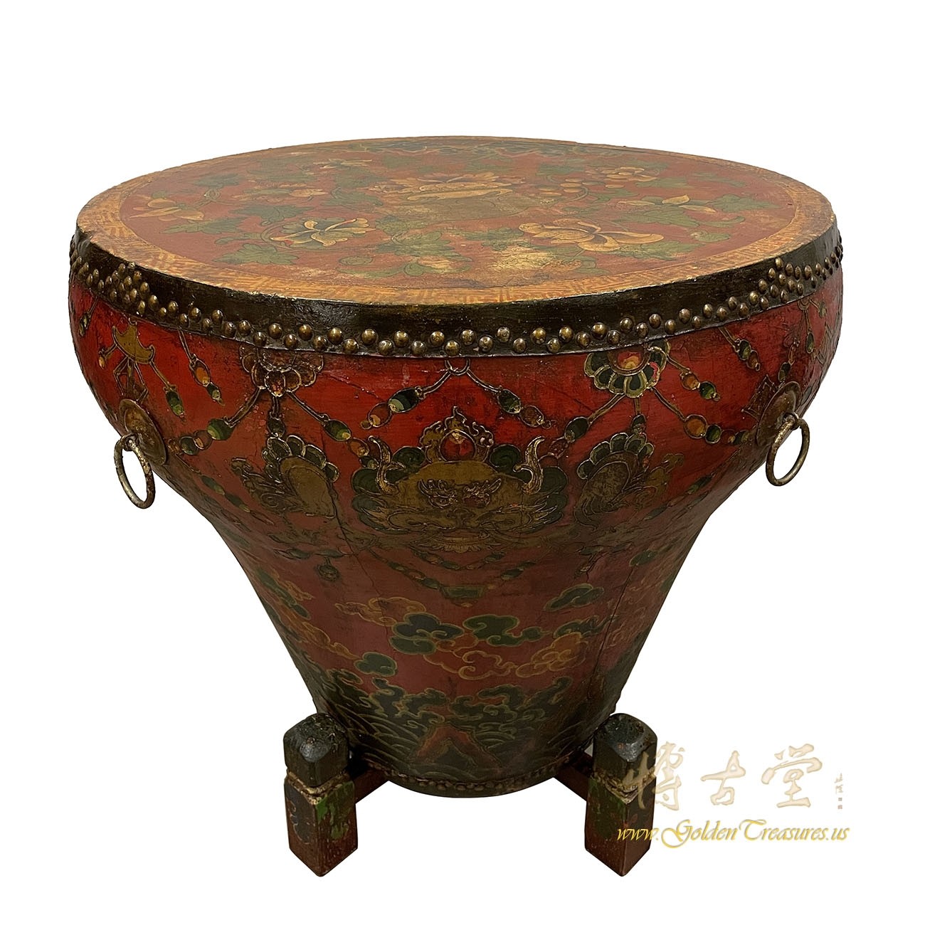 Antique Tibetan Hand Painted Dragon Drum/Table with Stand