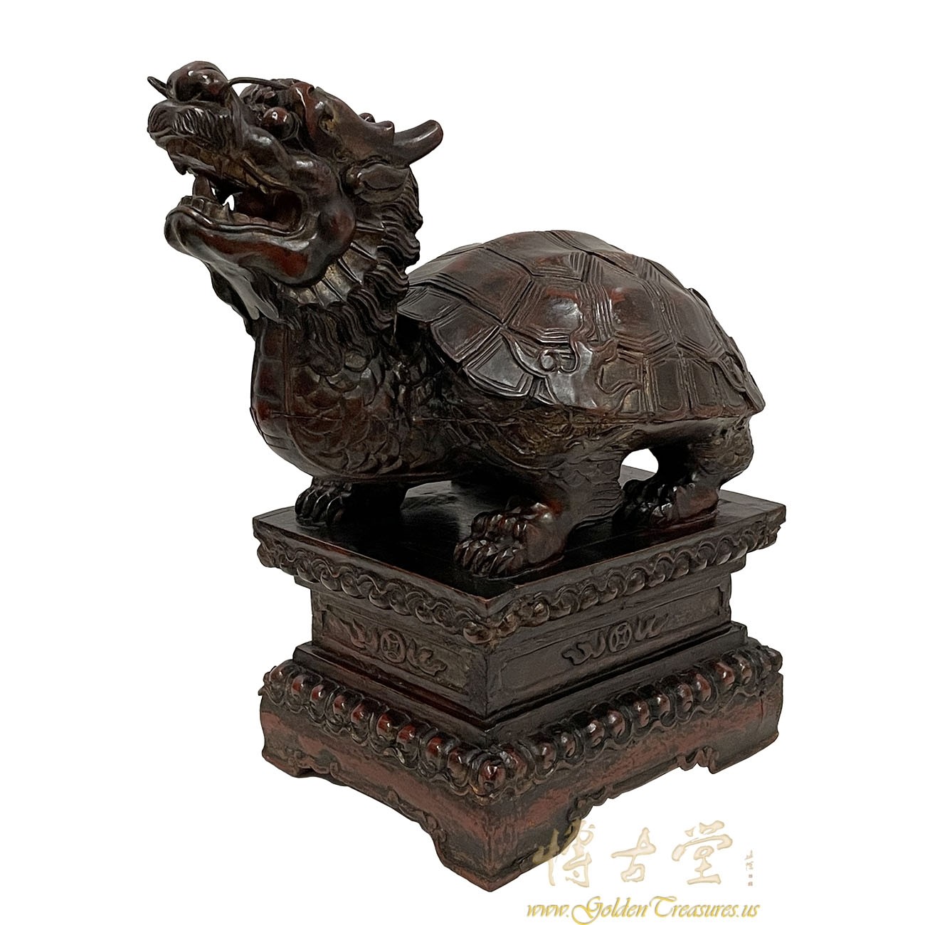 Antique Chinese Wooden Carved Dragon Turtle Sculpture 