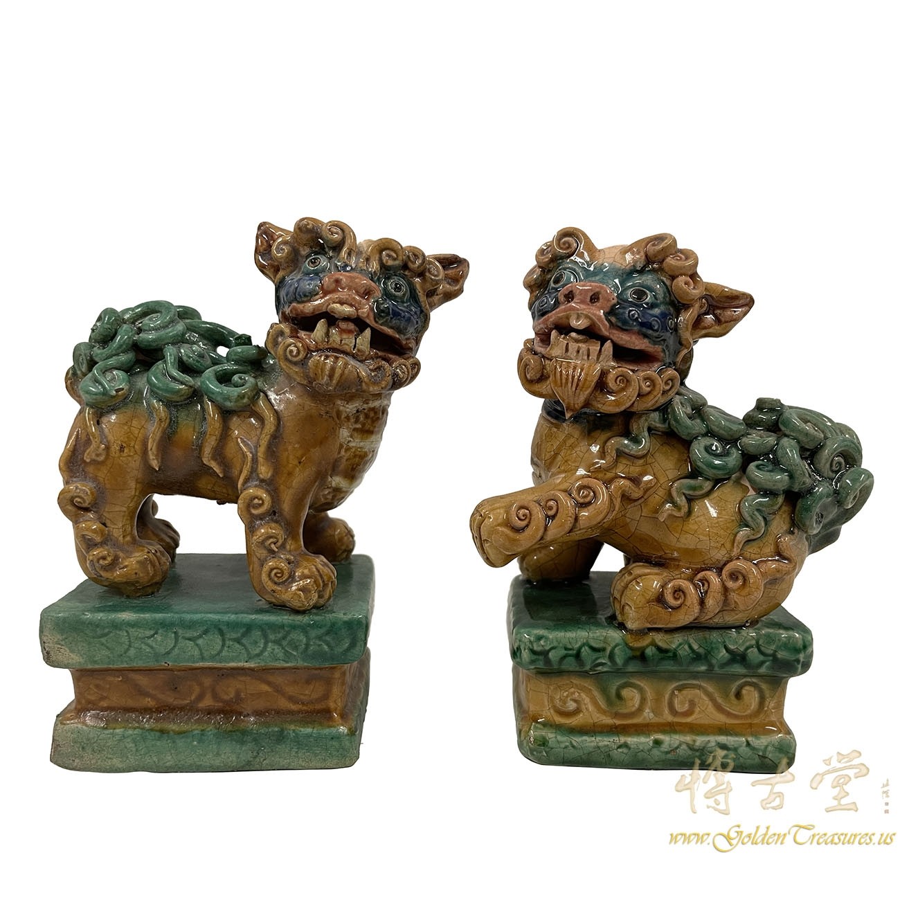 Vintage Chinese Color Glazed Foo Dog Figurine set of two