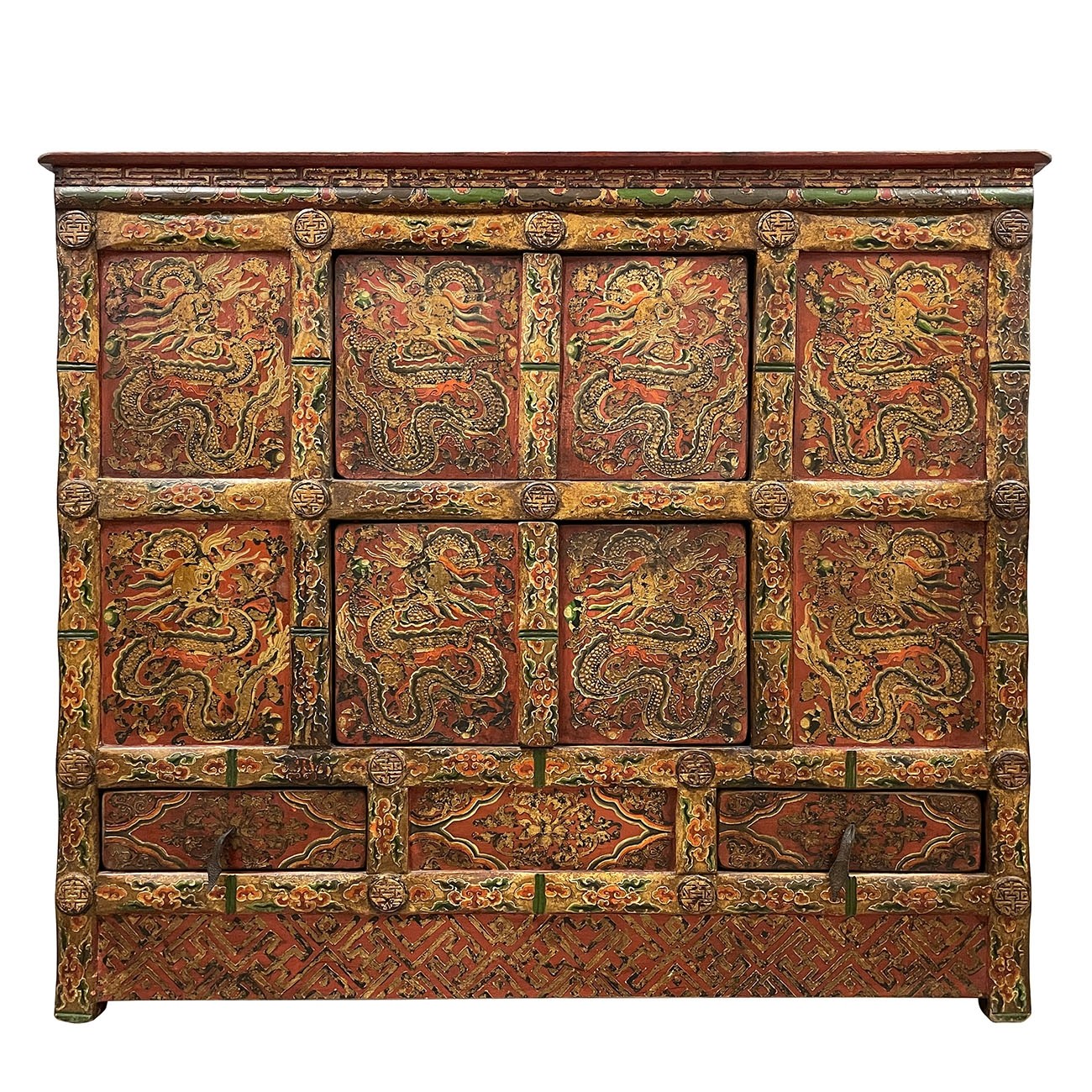 19th Century Antique Tibetan Hand Painted Credenza Storage Cabinet