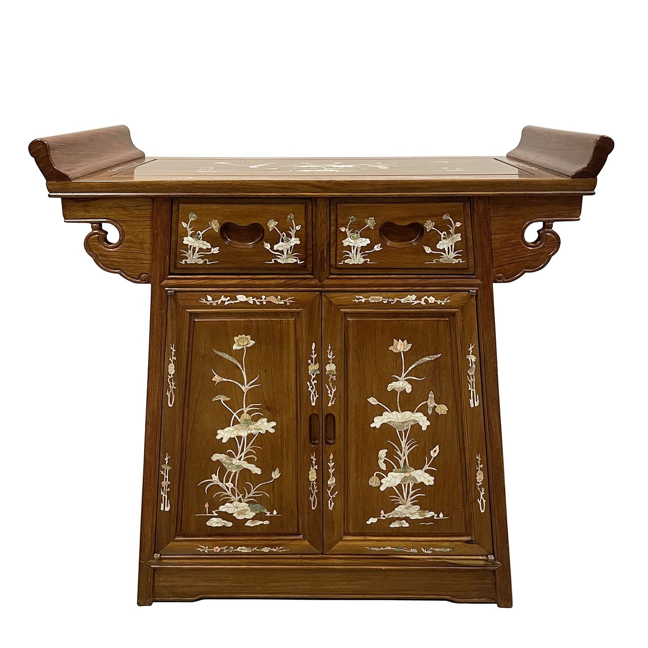 20th Century Chinese Carved Hardwood Altar Cabinet with Mother of Pearl inlay
