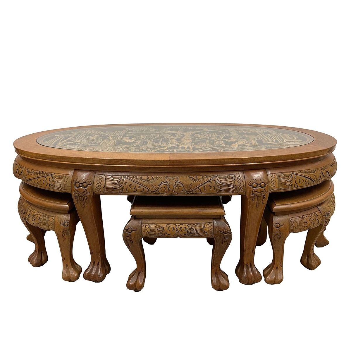 Vintage Chinese Massive Carved Coffee Table with 6 Nesting Stools