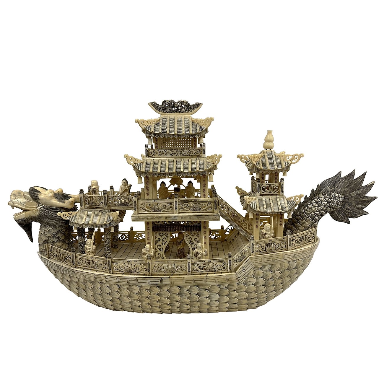 Mid-20th Century Chinese Large Bone Carved Elaborate Imperial Dragon Boat