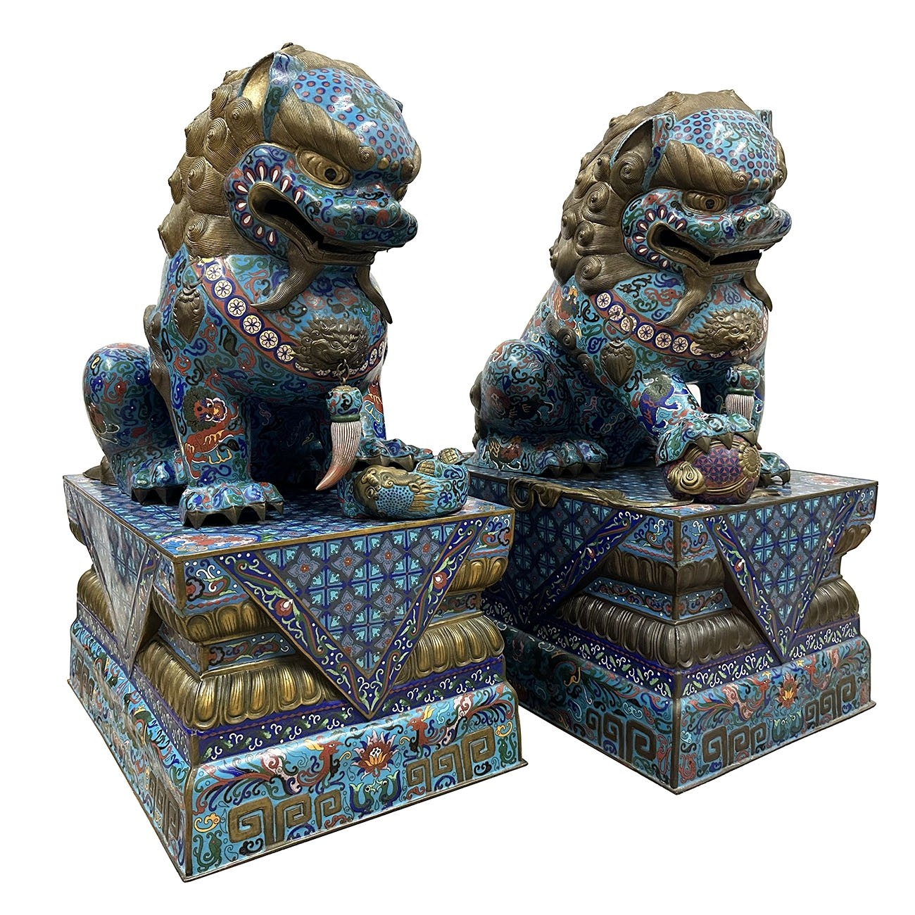 Massive Pair of Vintage Chinese Cloisonne Enamel Foo Dogs Lions 