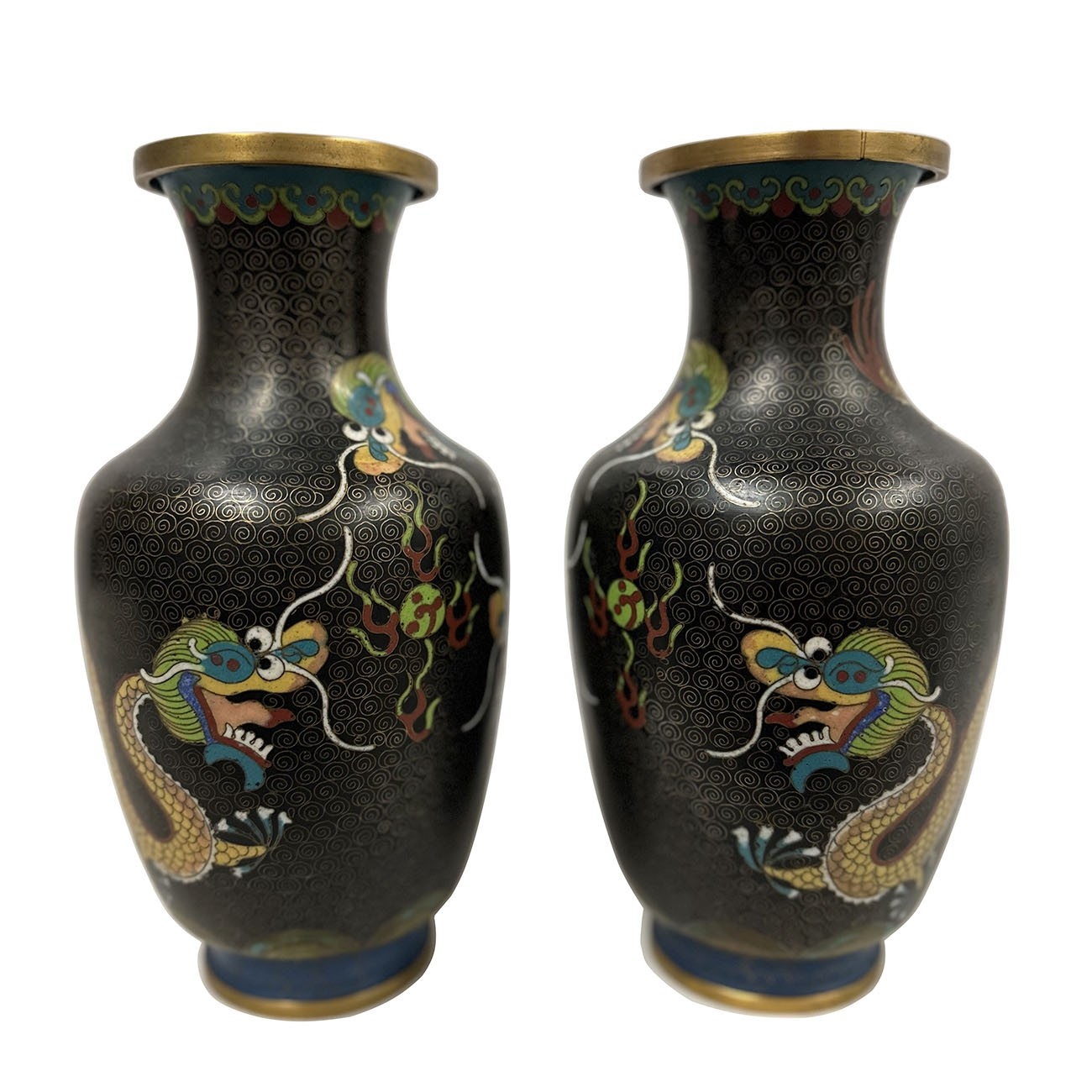 Early 20th Century Pair of Chinese Cloisonne Enamel Dragon Vases