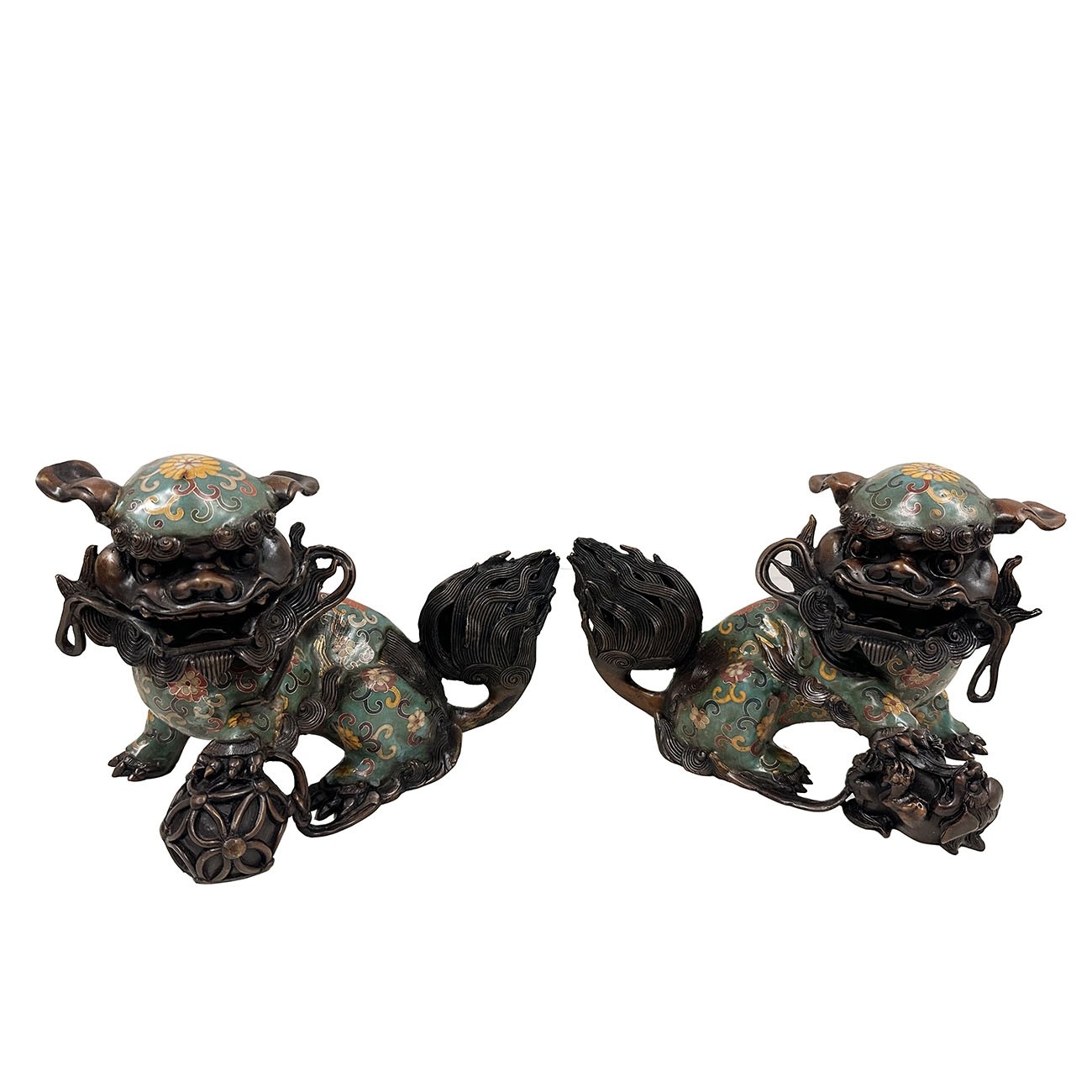 Early 20th Century Chinese Hand Made Cloisonne Foo Dog Statuary - Pair