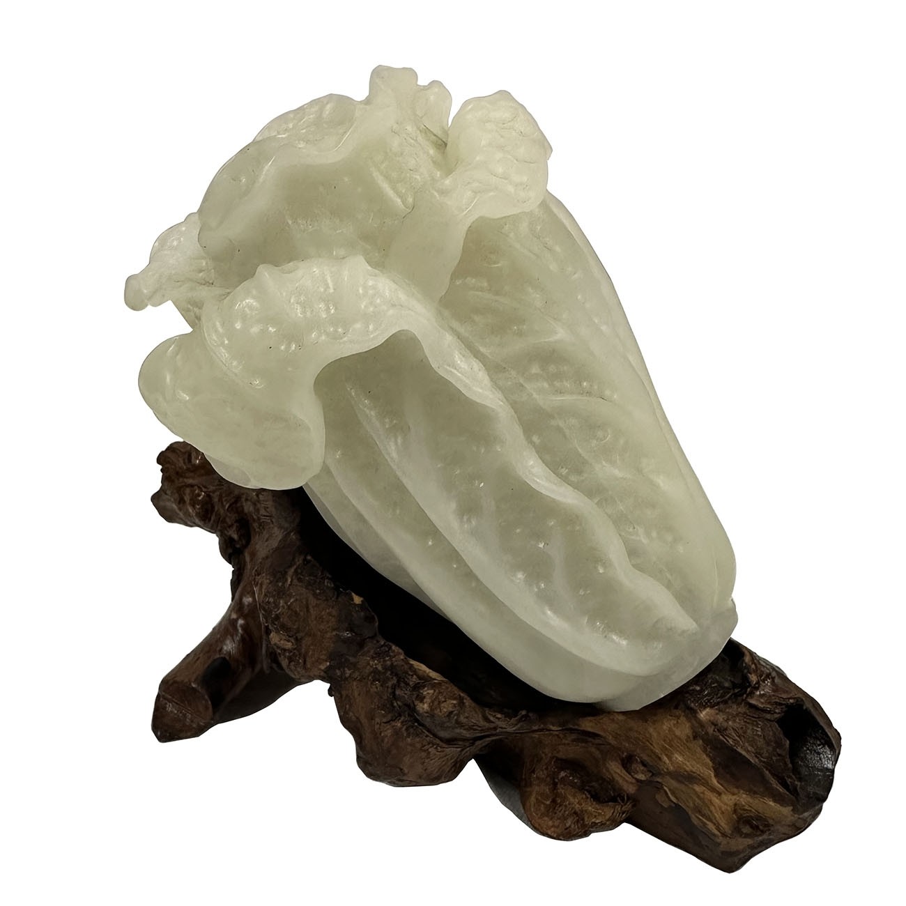 Mid 20th Century Chinese Carved Jade Cabbage on Tree root base