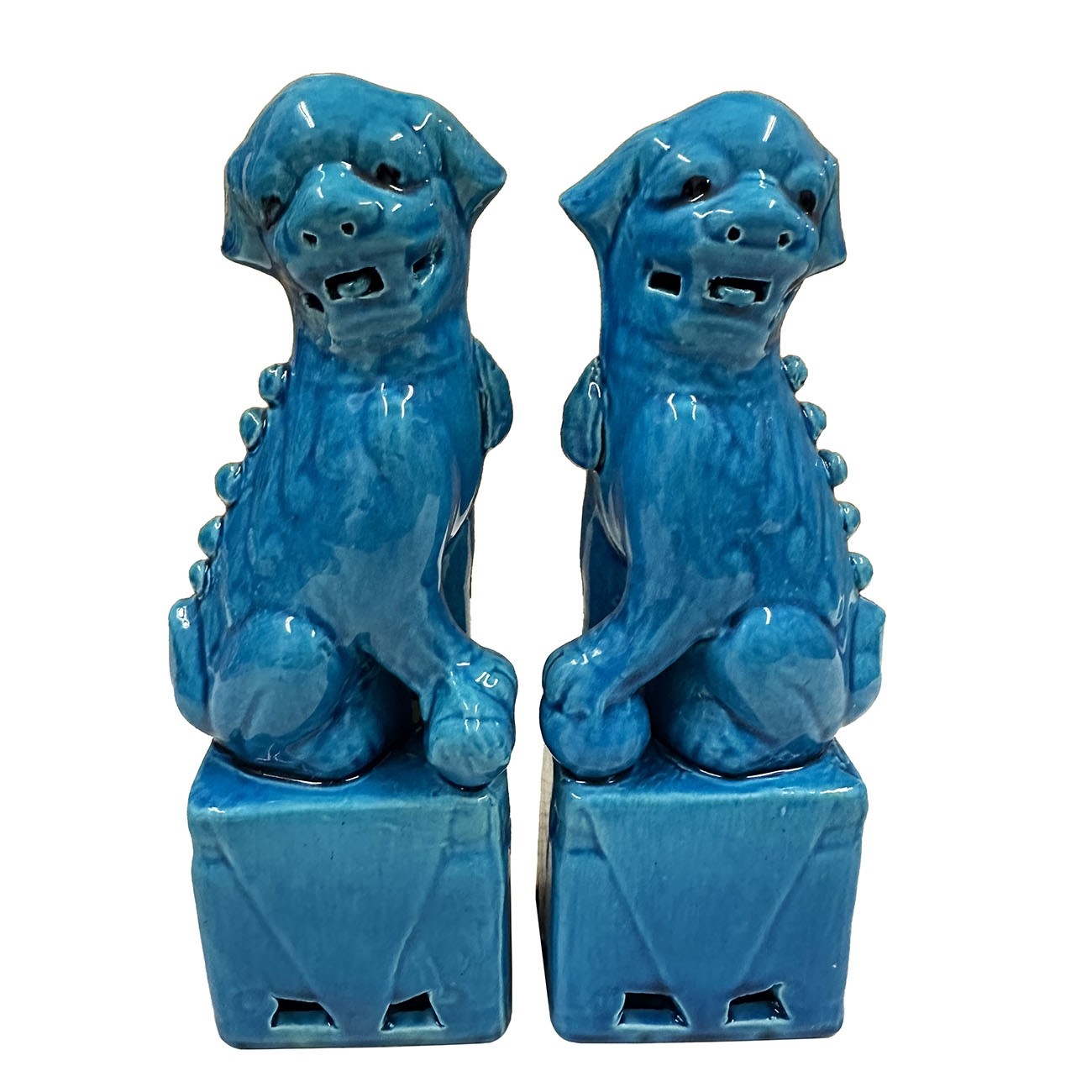 Vintage Chinese Porcelain Turquoise Foo Dog Figurines - a Pair