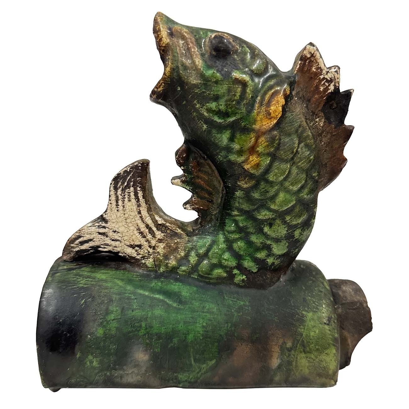 Early 20th Century Antique Chinese Glazed Ceramic Koi Fish Roof Tile