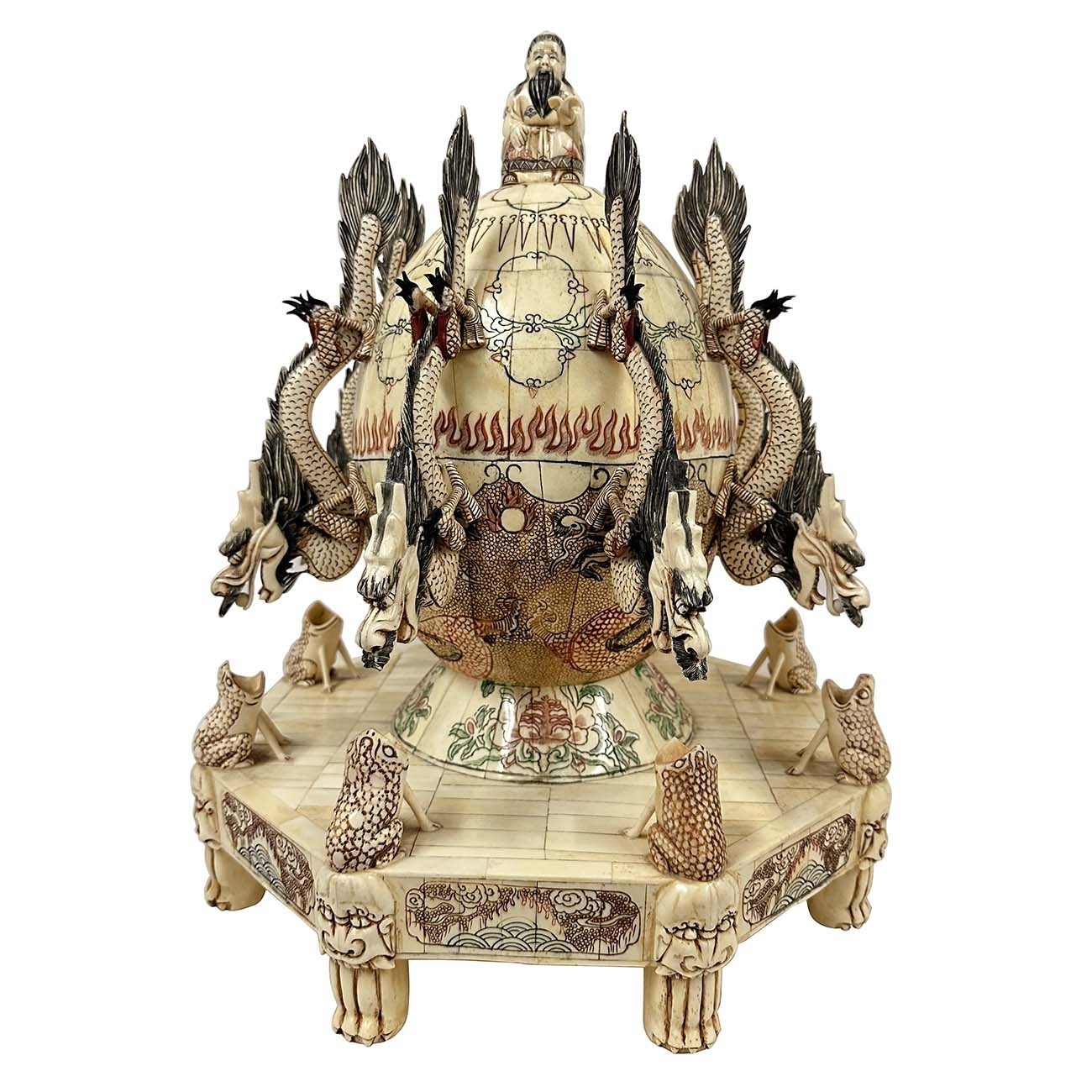 Early 20th Century Chinese Faux Ivory Carved Earthquake Detector, Seismograph