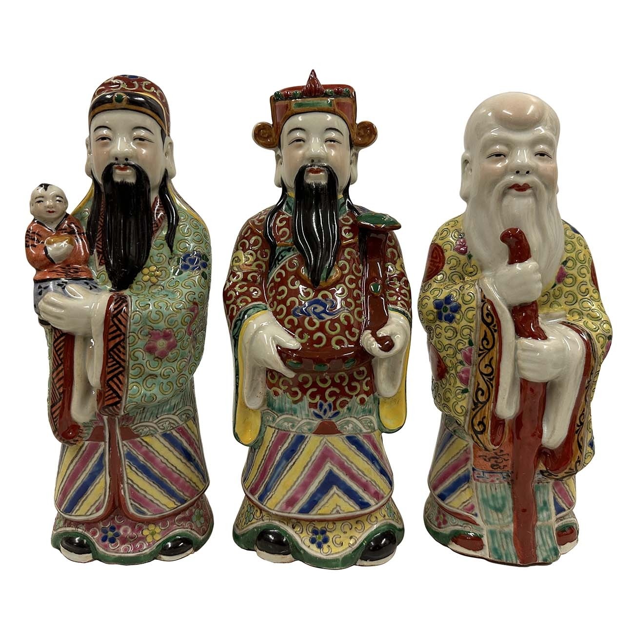 Early 20th Century Chinese Fu Lu Shou Feng Shui Trio Gods Figurines with Marks