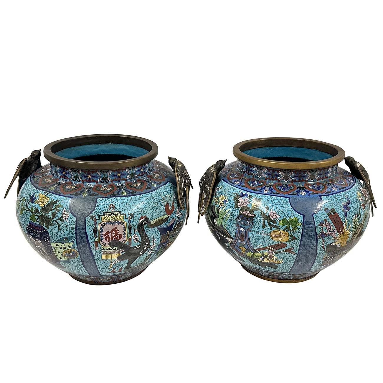 Huge Pair of Early 20th Century Antique Chinese Cloisonne Pots/Vases