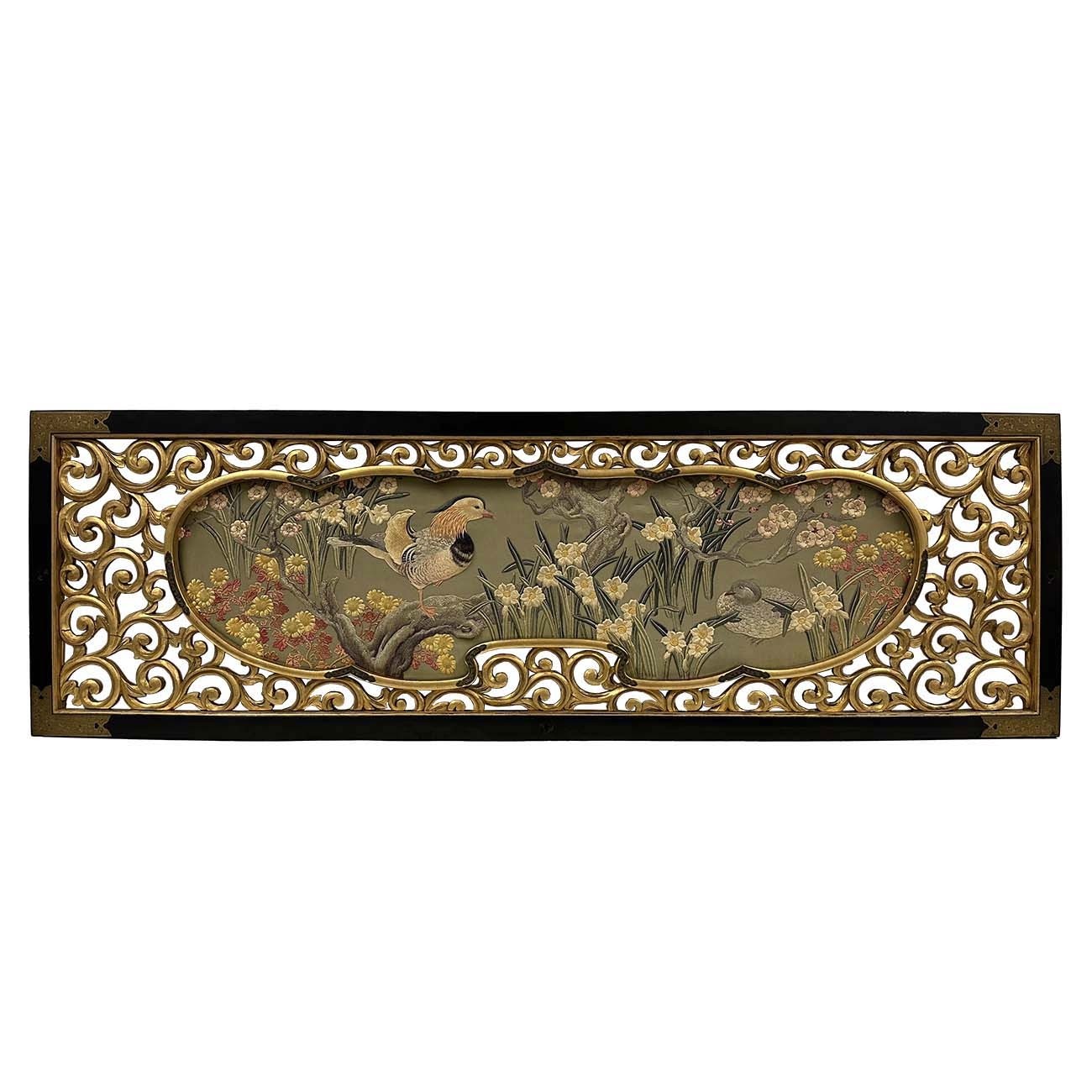 Antique Japanese Meiji era Framed Embroidery Wall Hanging