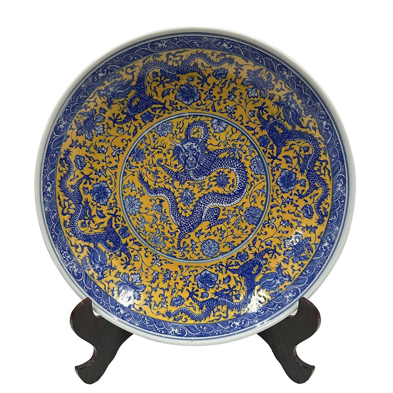 Vintage Chinese Gold Blue Porcelain Dragon Plate