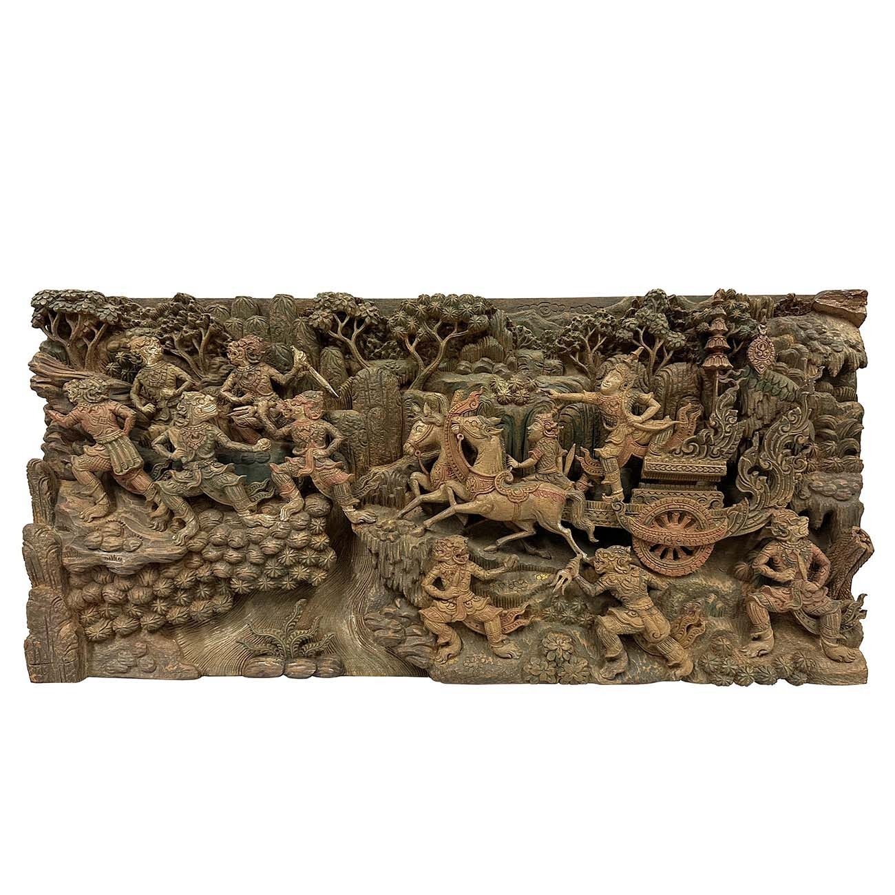 Early 20th Century Ramayana Scene Wood Carving, Wall Hanging