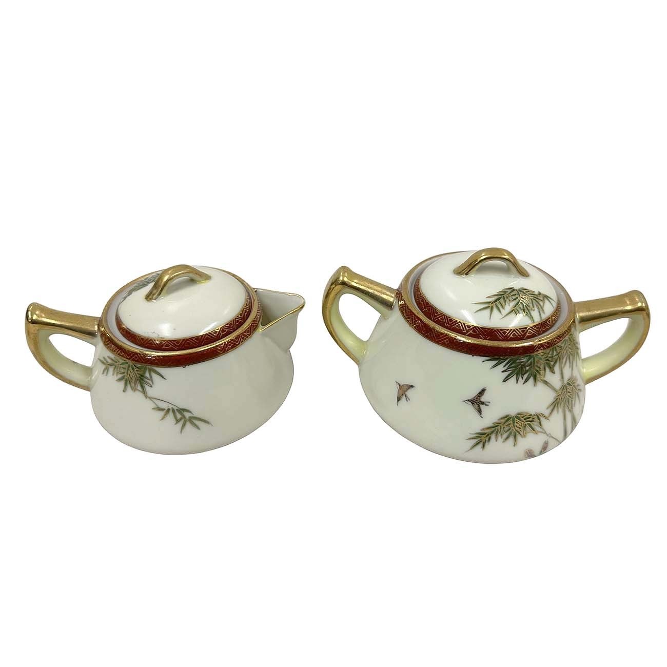 Early 20th Century Japanese Kutani Milk Jar and Sugar bowl, Bamboo motif