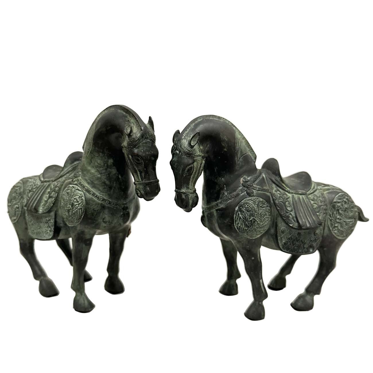 20th Century Chinese Pair of Bronze Tang Horses/War Horses