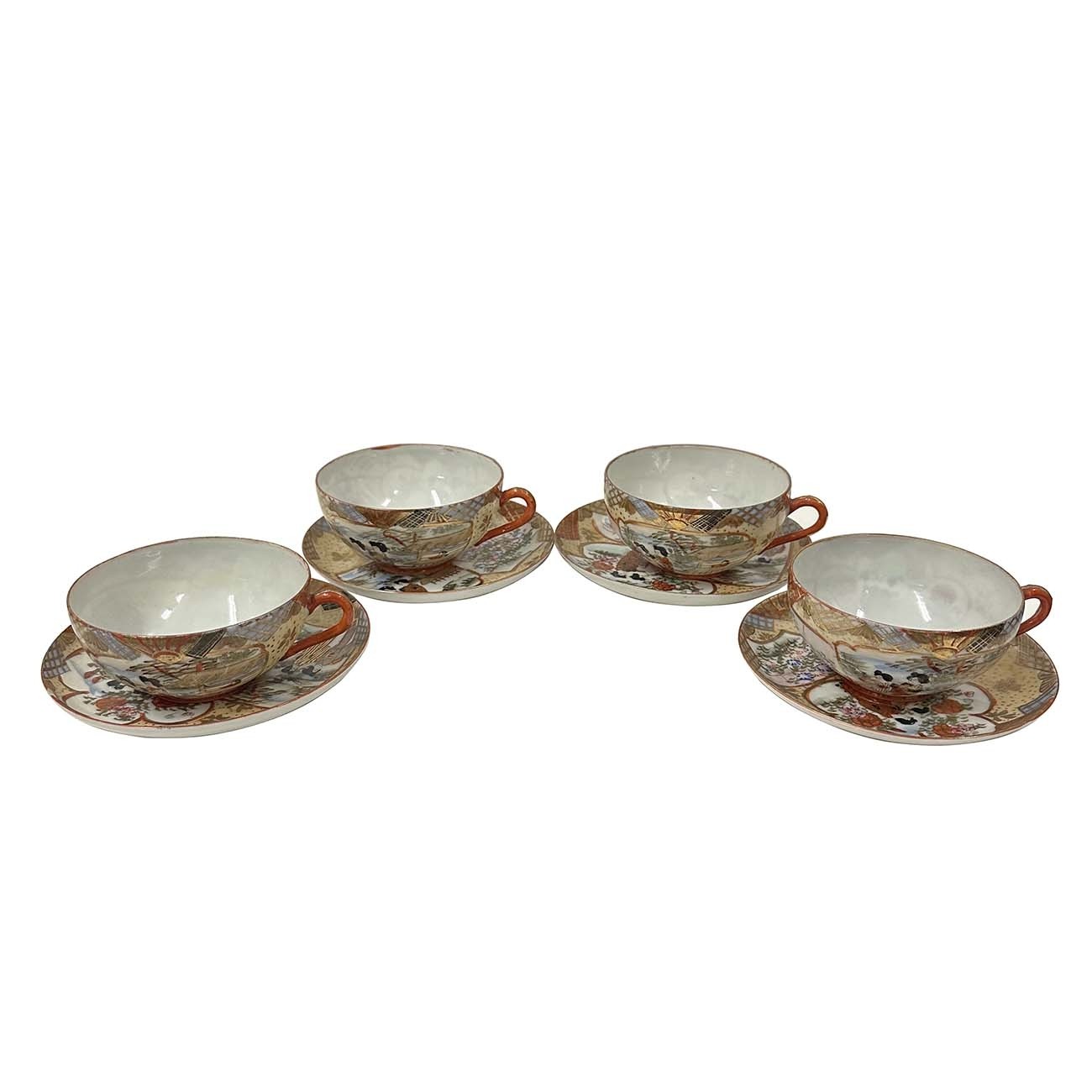 Mid-20th Century Japanese Kutani Egg shell Tea Cup and saucer set of Four