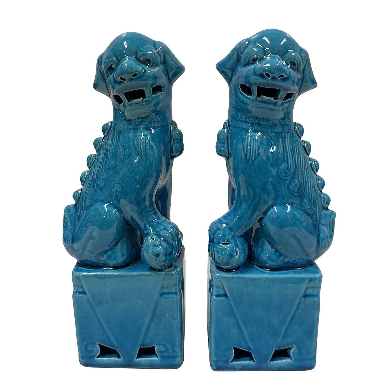 Vintage Chinese Porcelain Turquoise Foo Dog Figurines - a Pair