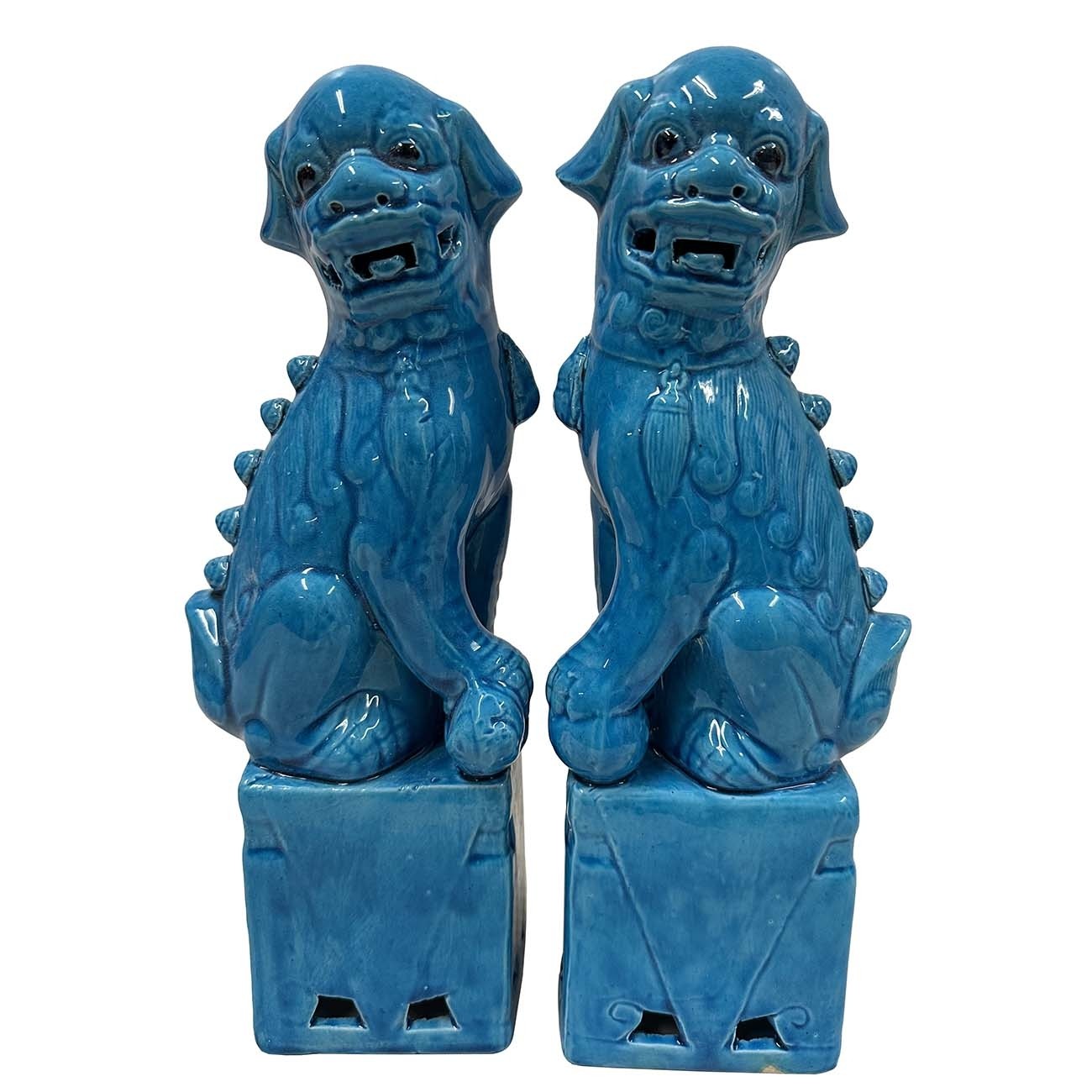Large Vintage Chinese Porcelain Turquoise Foo Dog Figurines - a Pair
