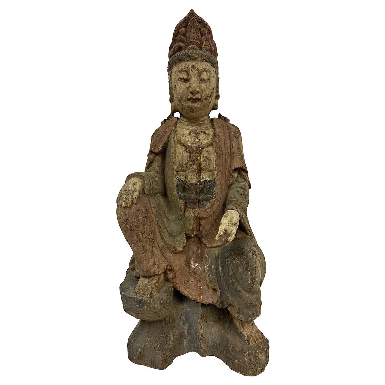 Early 20th Century Chinese Carved and Painted Wood Carved sitting Guan-Yin