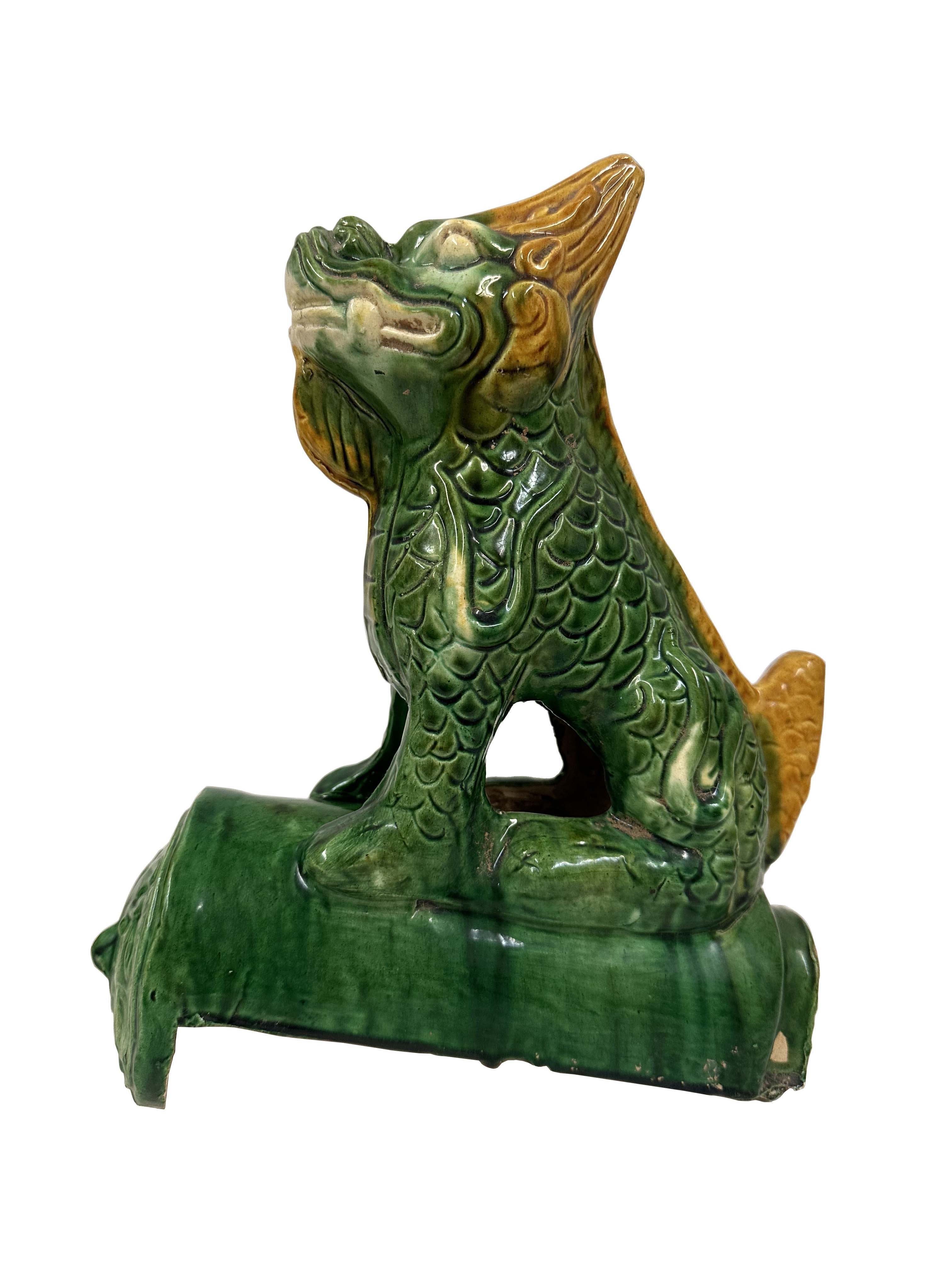 Early 20th Century Chinese Tri Color Glazed Ceramic Dragon Roof Tile