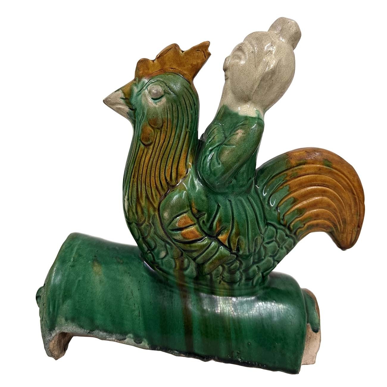 Antique Chinese Sancai Glazed Ceramic Taoist Immortal on Rooster Roof Tile