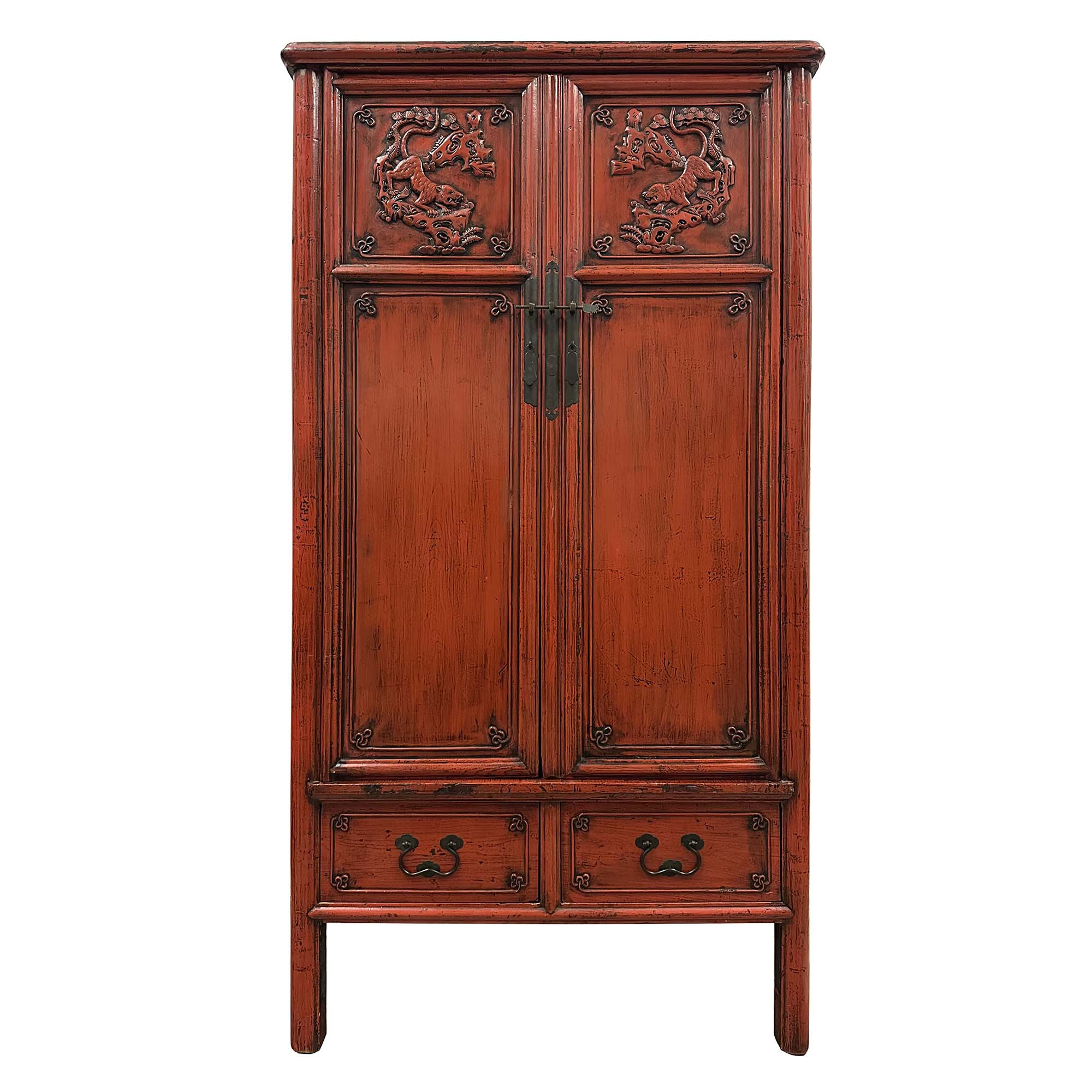 19th Century Antique Chinese Red Lacquer Wedding Cabinet