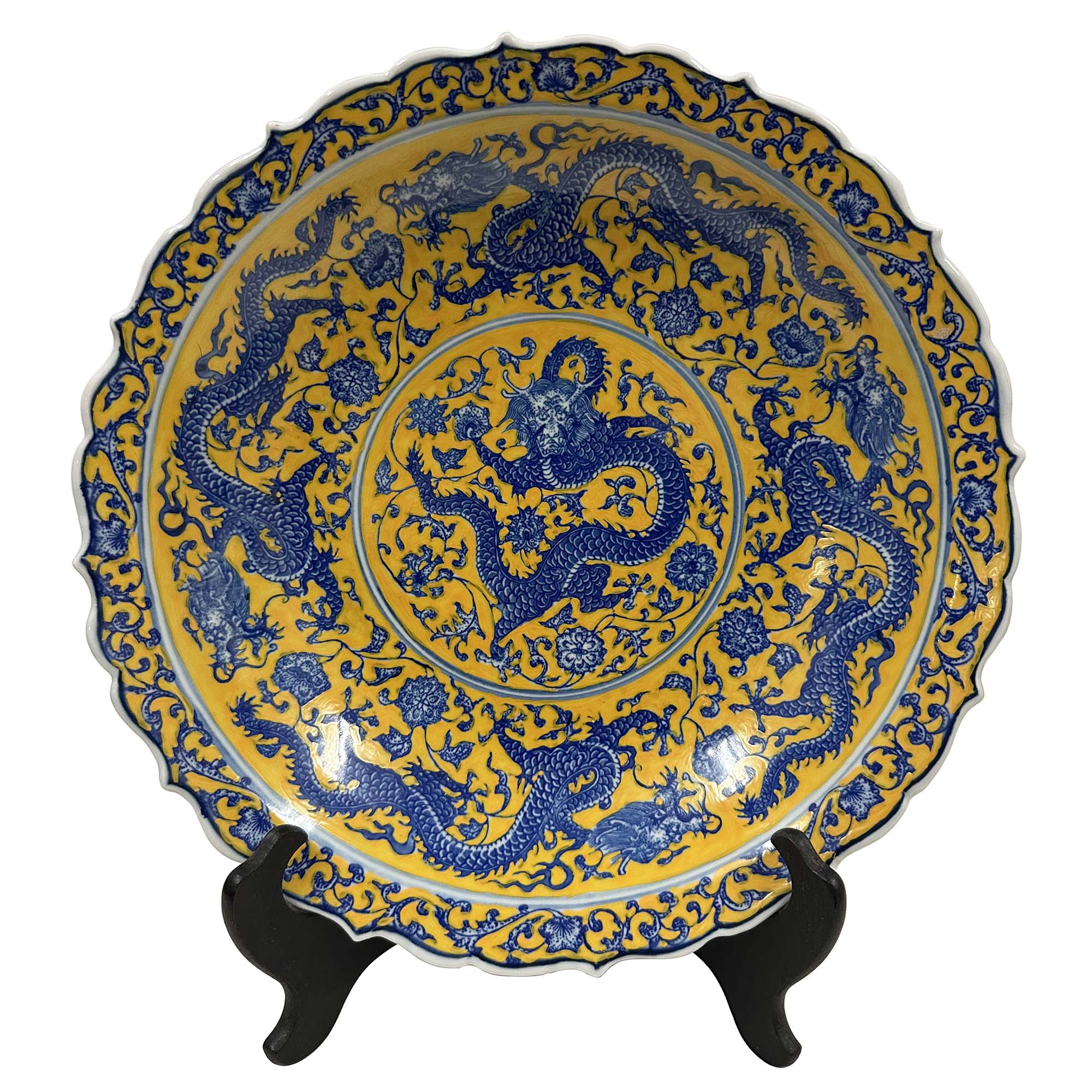 Vintage Chinese Gold Blue Porcelain Dragon Plate