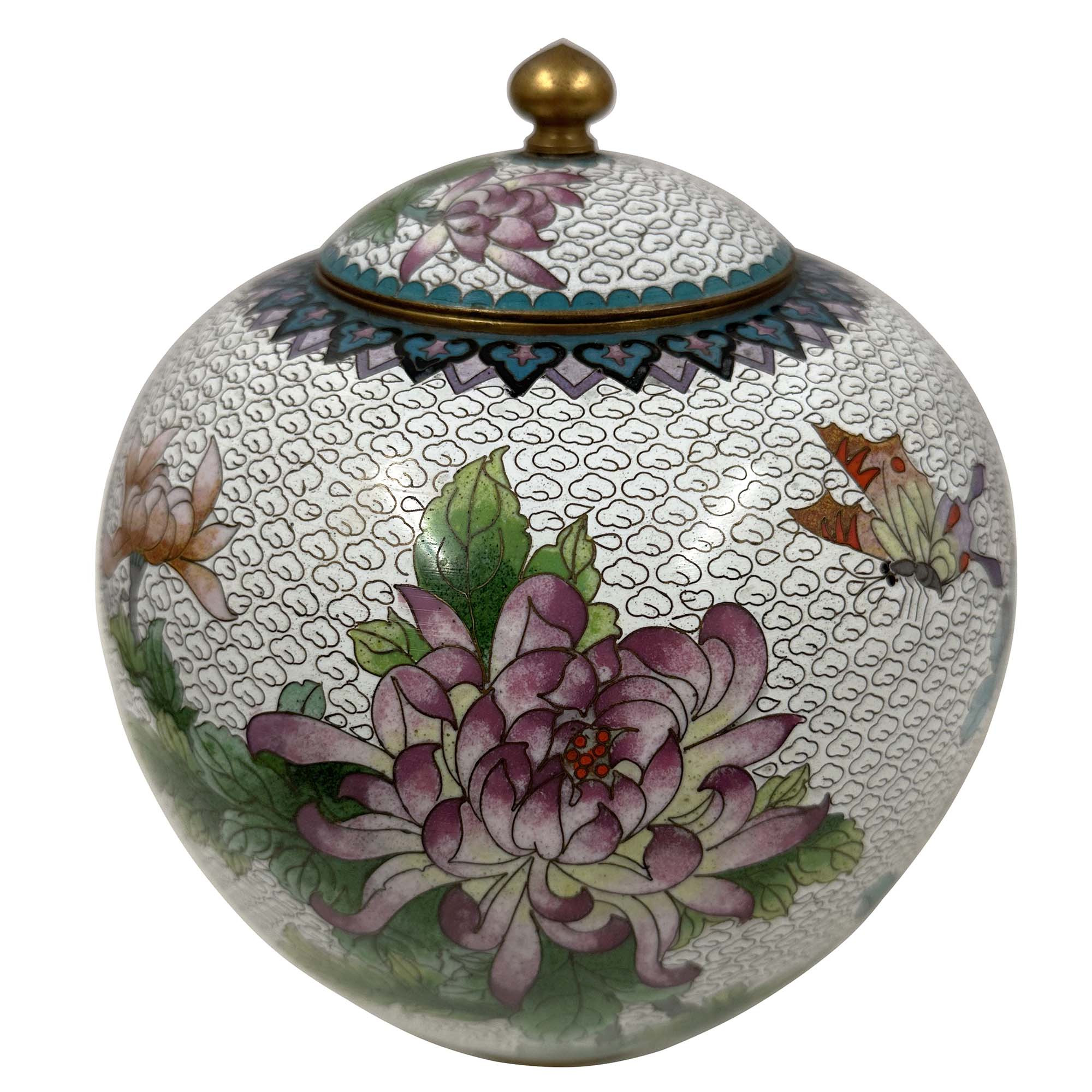 Mid-20th Century Chinese Cloisonne Ginger Jar with Chrysanthemums and Butterfly