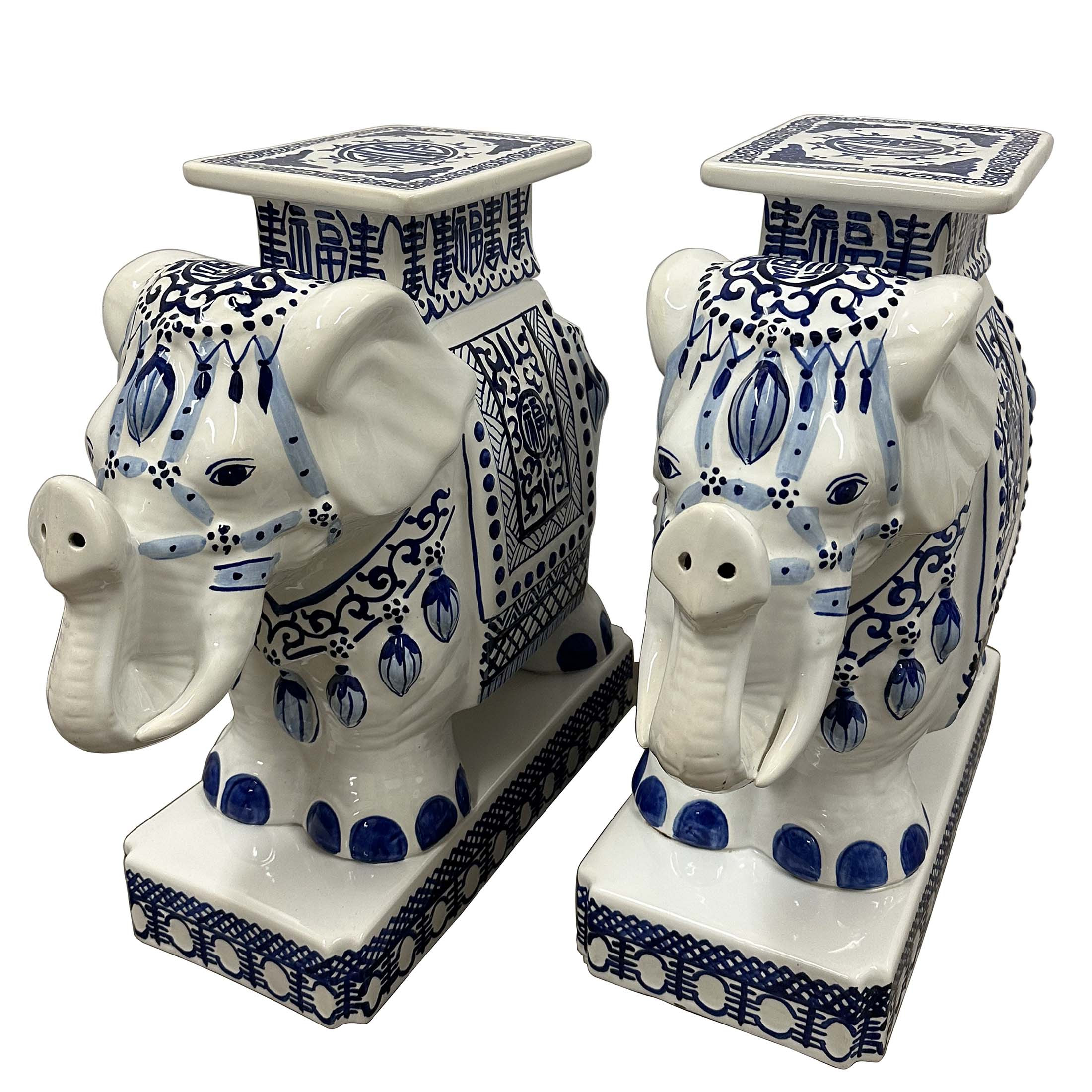 Vintage Chinese Blue and White Porcelain Elephant Garden Stools - a Pair