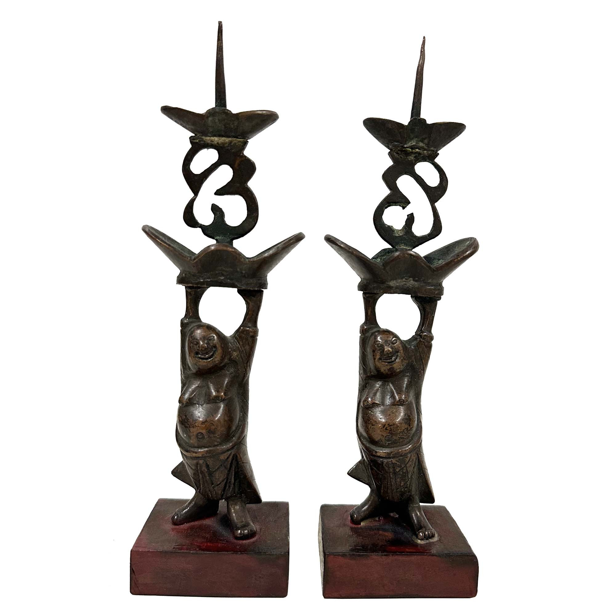 Early 20th Century Chinese Pair of Bronze Happy Buddha Candle Holders