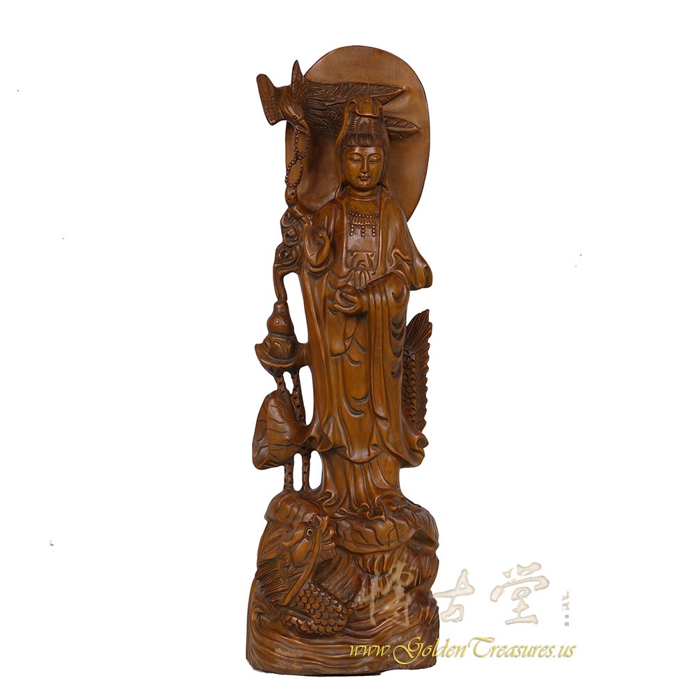 Chinese Antique Wood Carved Kwan Yin Statuary 25X31