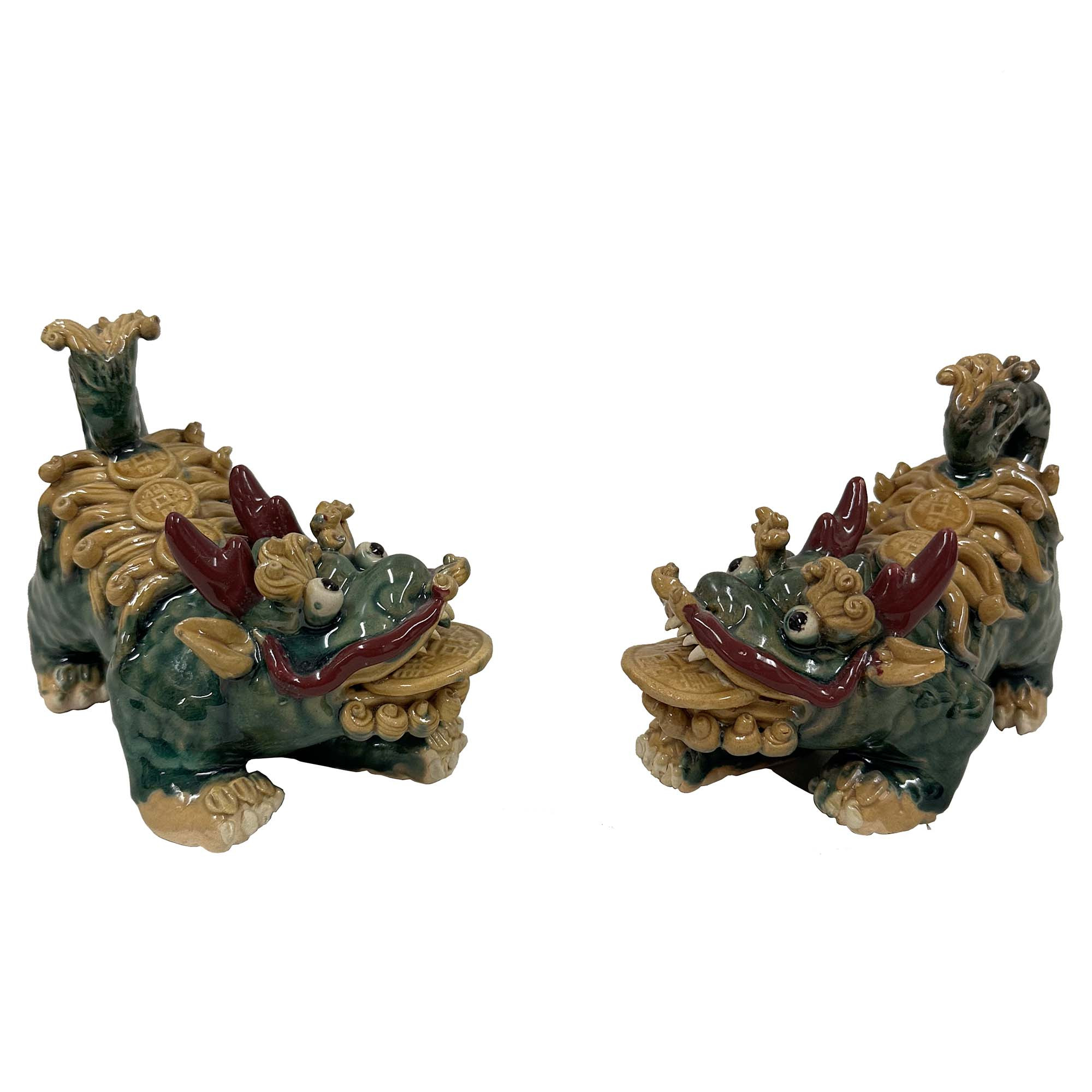 Vintage Chinese Feng Shui Foo Dog Statues, Wucai Porcelain, 1950s