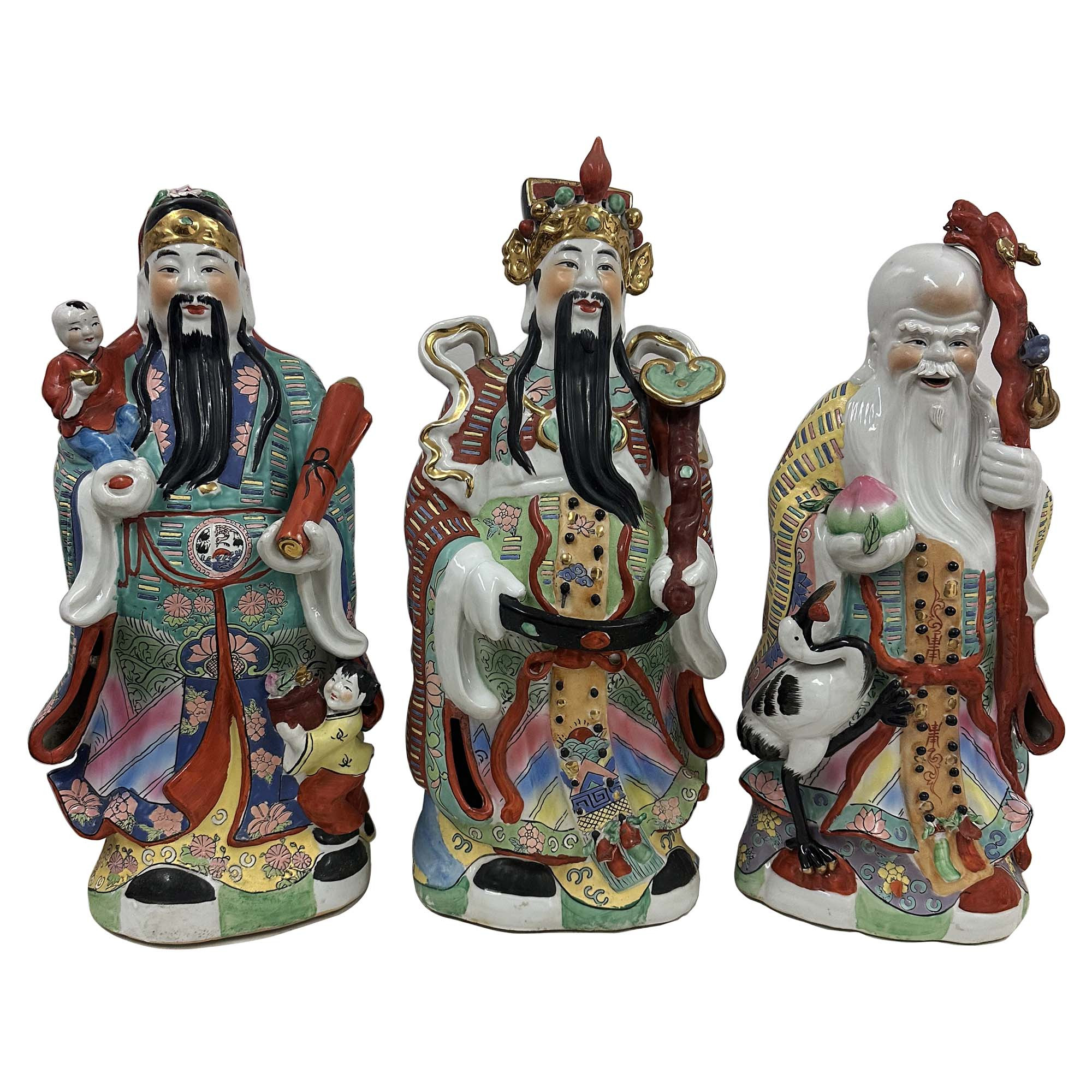 Huge set of 3 Vintage Chinese Fu Lu Shou Feng Shui Trio Gods Figurines Statues