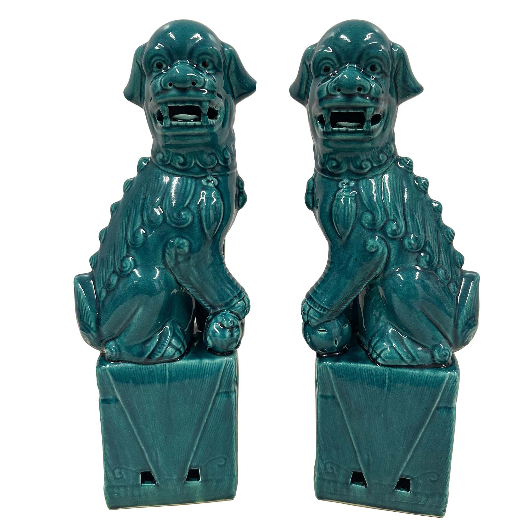 Vintage Chinese Porcelain Green Foo Dog Figurines - a Pair