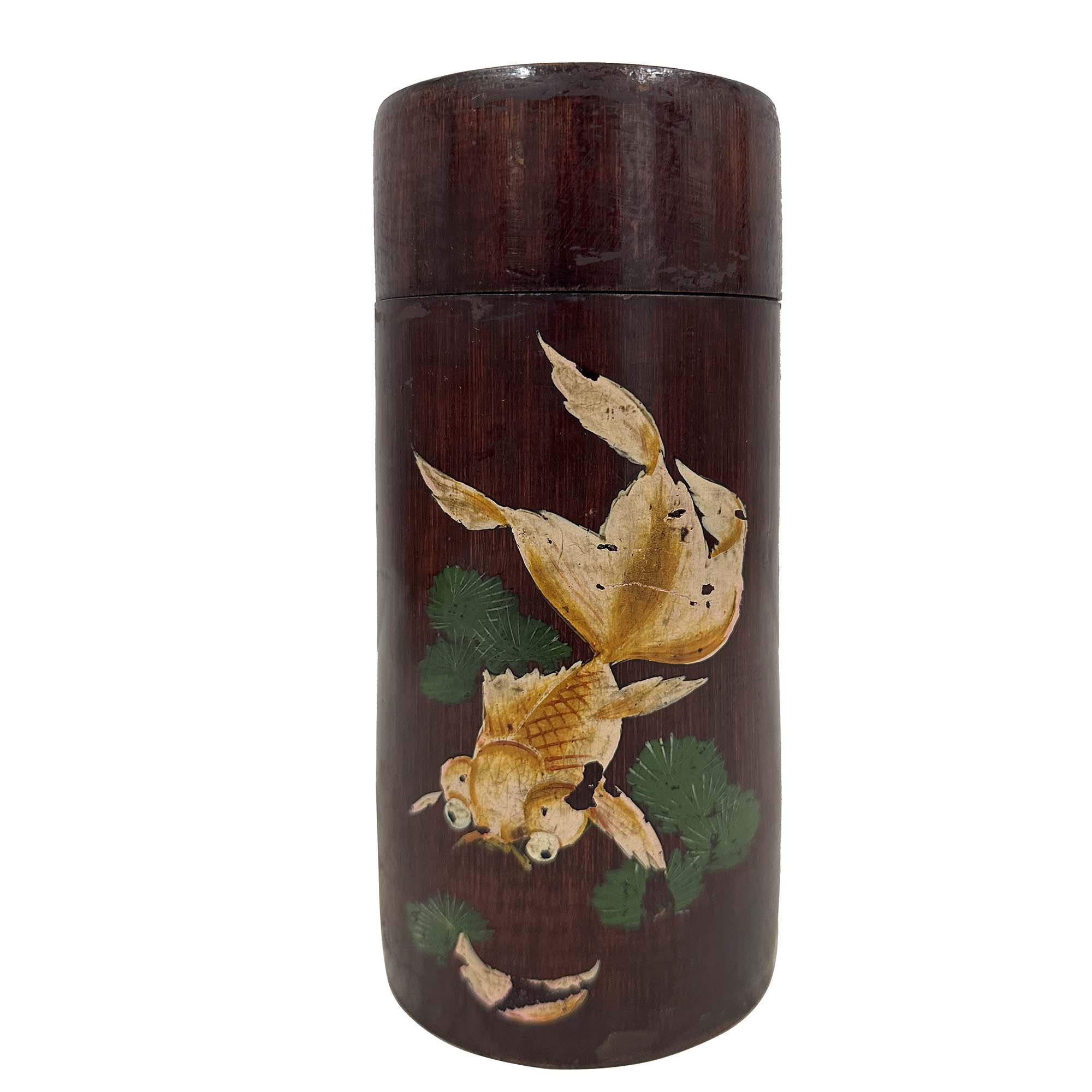Mid-20th Century Antique Chinese Hand-Painted Cylindrical Bamboo Tea Caddy